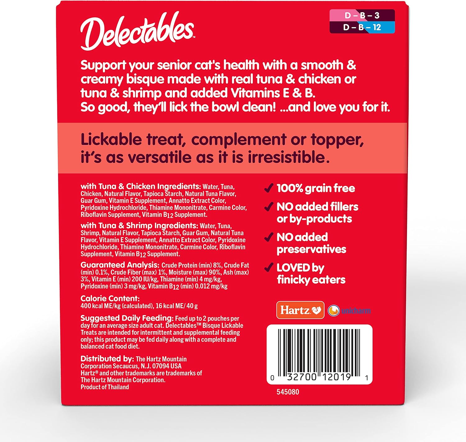 Delectables Lickable Treat Bisque Senior 10+ Wet Cat Treat with Real Tuna & Chicken, Food Topper, Hydrating, Grain-Free, No Fillers, By-Products, Added Preservatives, 1.4oz Pouch, 12ct