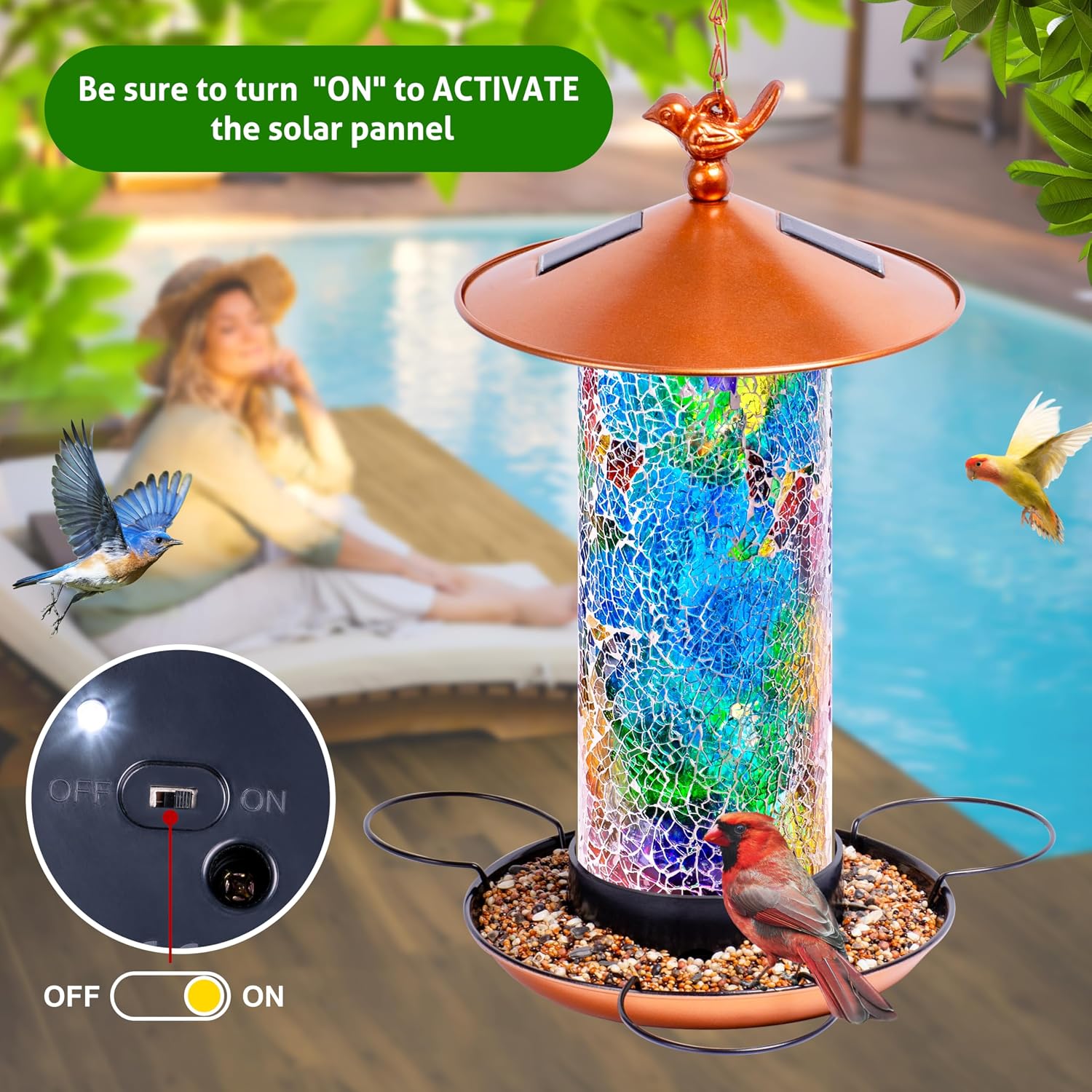 XDW-GIFTS Mosaic Solar Wild Bird Feeder, Waterproof Lantern Shape with S-Hook & 4 LED Lights, Garden Decor for Lawn, Patio, Balcony, Yard Ornament - Unique Gifts for Mom, Women, Grandma, Bird Lovers