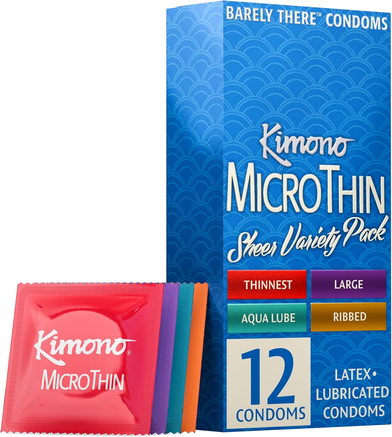 Kimono MicroThin Sheer Variety Pack of 12 - Multiple Styles of Ultrathin Condom Shapes, Unique Designs in One Pack, Natural Latex Condoms, Vegan-Friendly, No Latex Odor - Enhanced Sensitivity