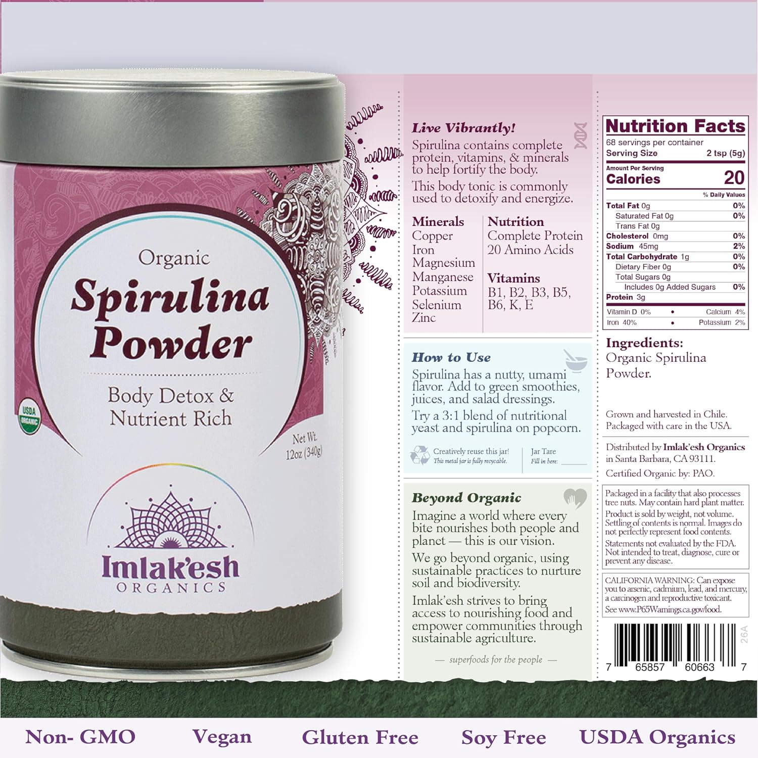 Imlakesh Organics Spirulina Powder - Heirloom Superfood, Grown in South America, Energy, Detox, Focus, Plant-Based Protein, Vitamin B12, Vegan, Keto