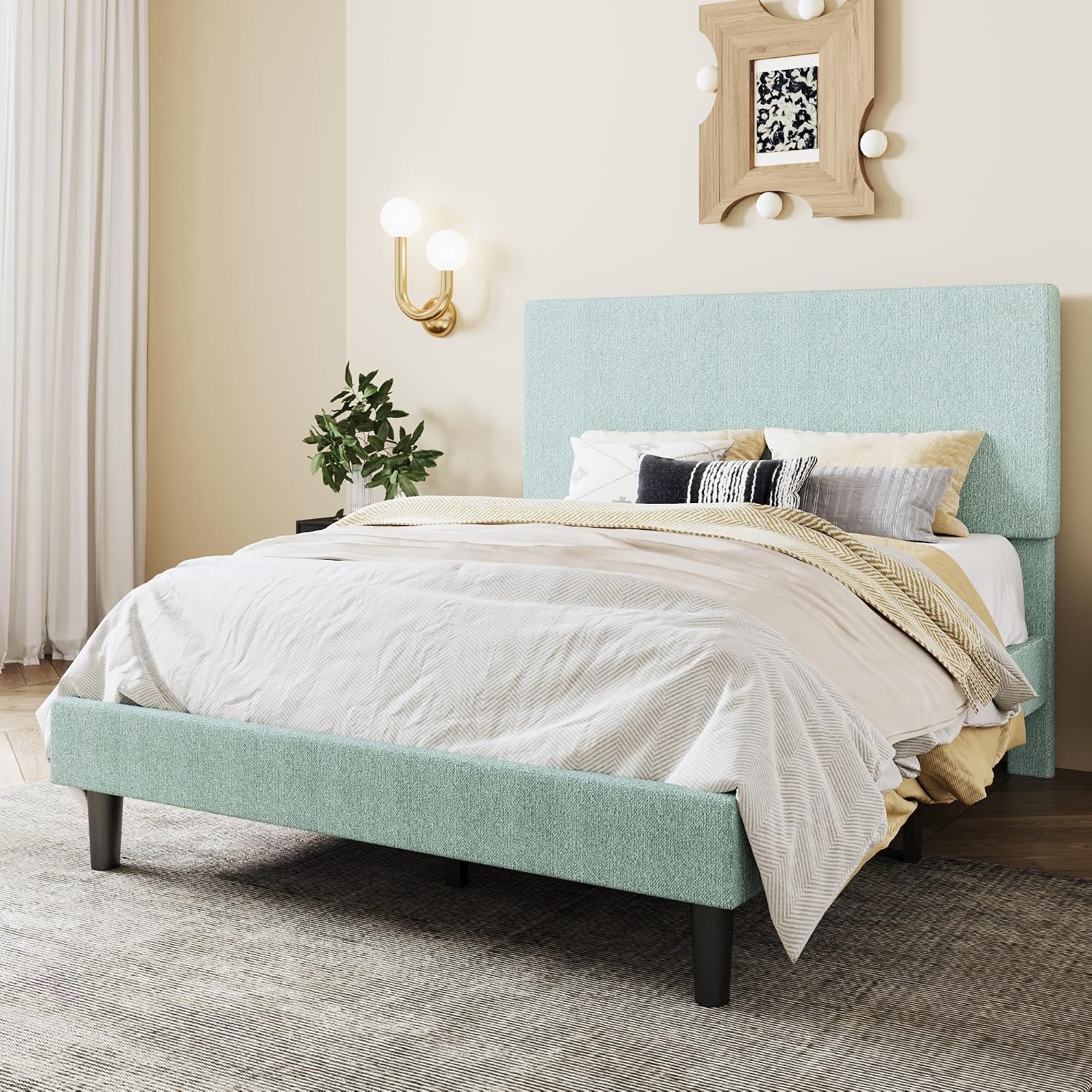 SHA CERLIN Boucle Upholstered Queen Size Bed Frame, White | Platform Bed with Adjustable Headboard, Wooden Slats Support, No Box Spring Needed, Noise-Free, Easy Assembly