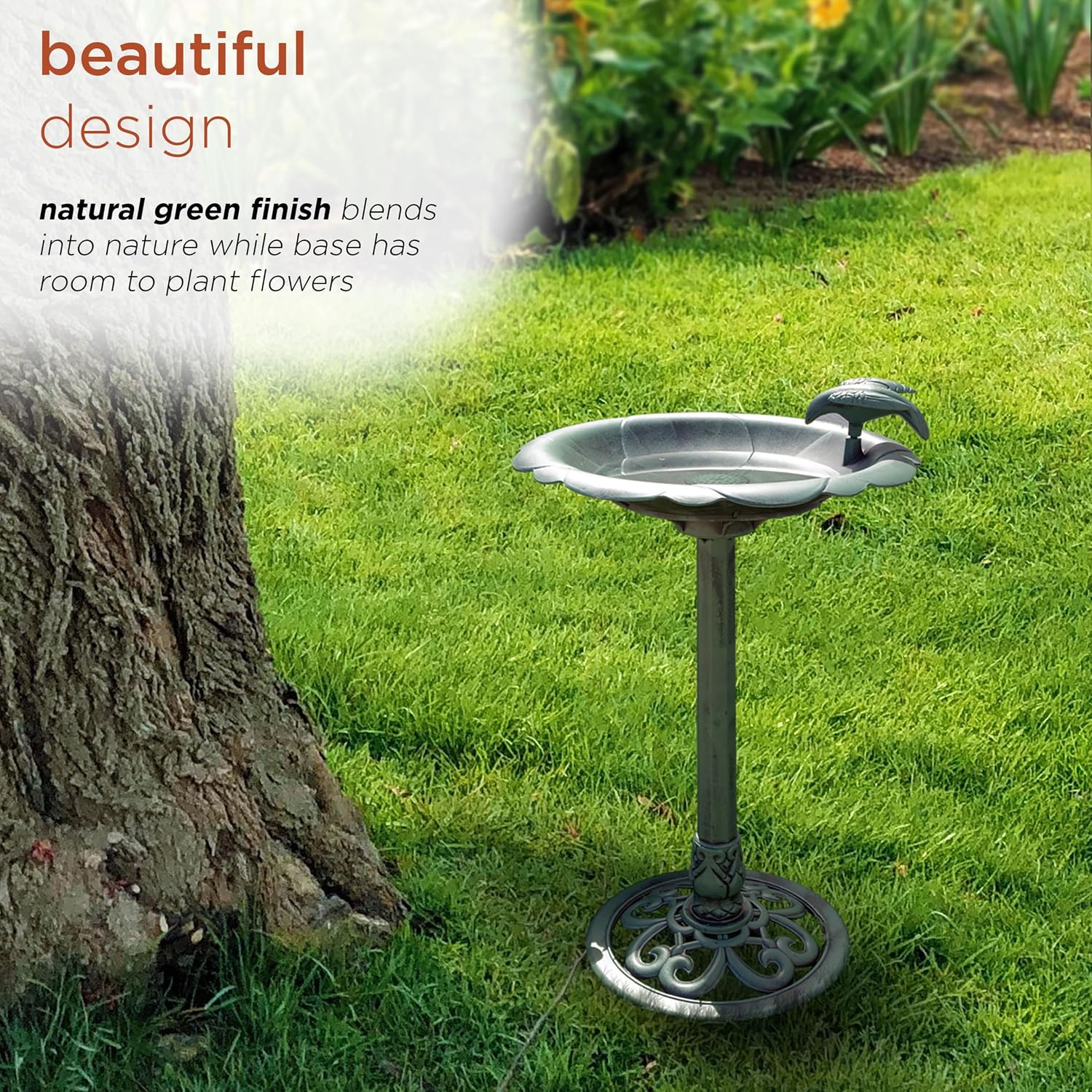 Alpine Corporation TEC116 Outdoor Aged Green Pedestal Birdbath with Scrollwork, 28" Tall, Green
