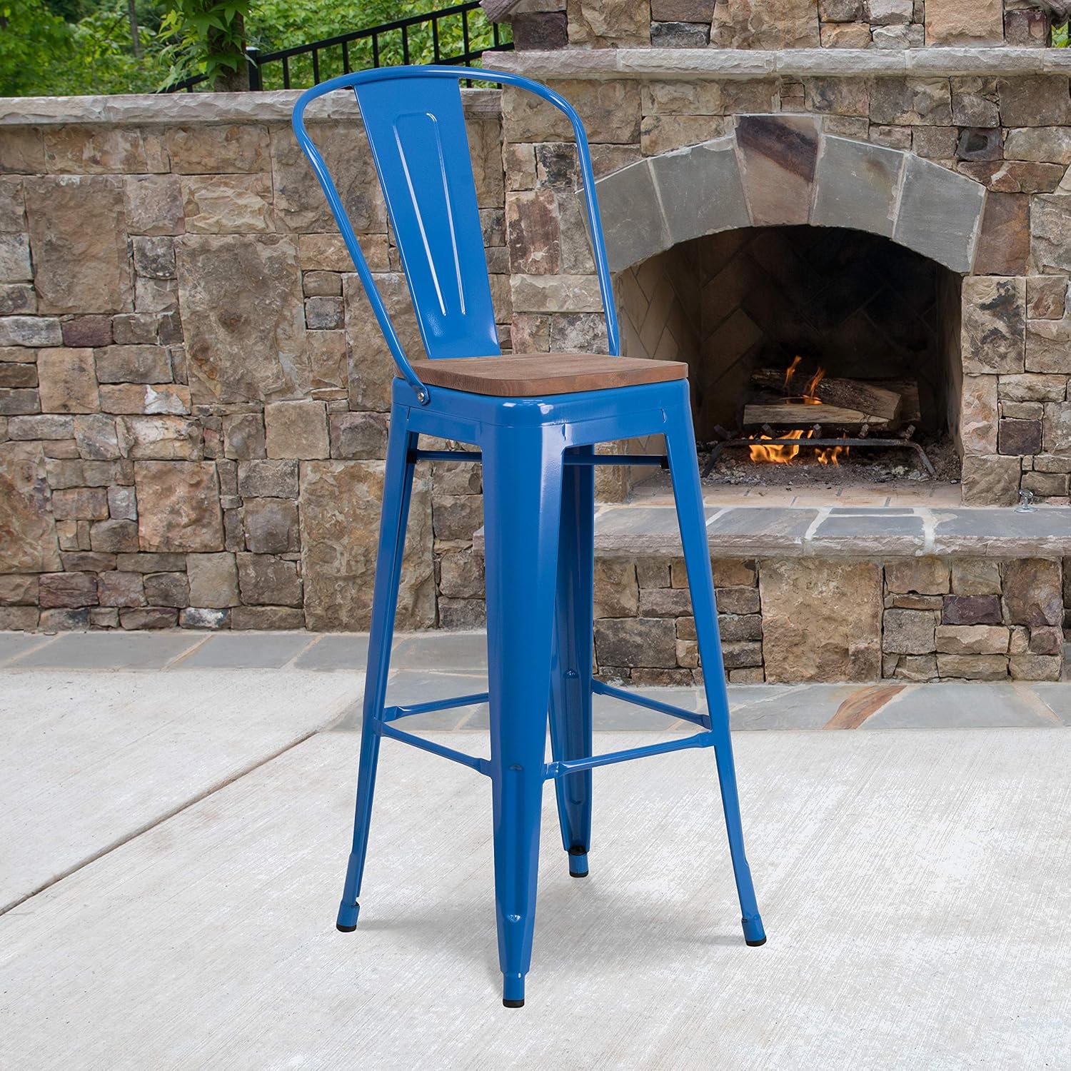 Flash Furniture 30 in Metal Barstool with Back, Blue | Commercial Grade, Removable Back, Indoor/Outdoor Use