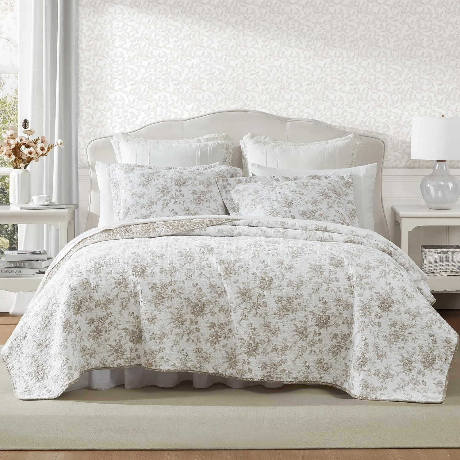 Laura Ashley - Queen Quilt Set, Soft Cotton Bedding with Matching Shams, Reversible Floral Toile Design, Floral Room Decor