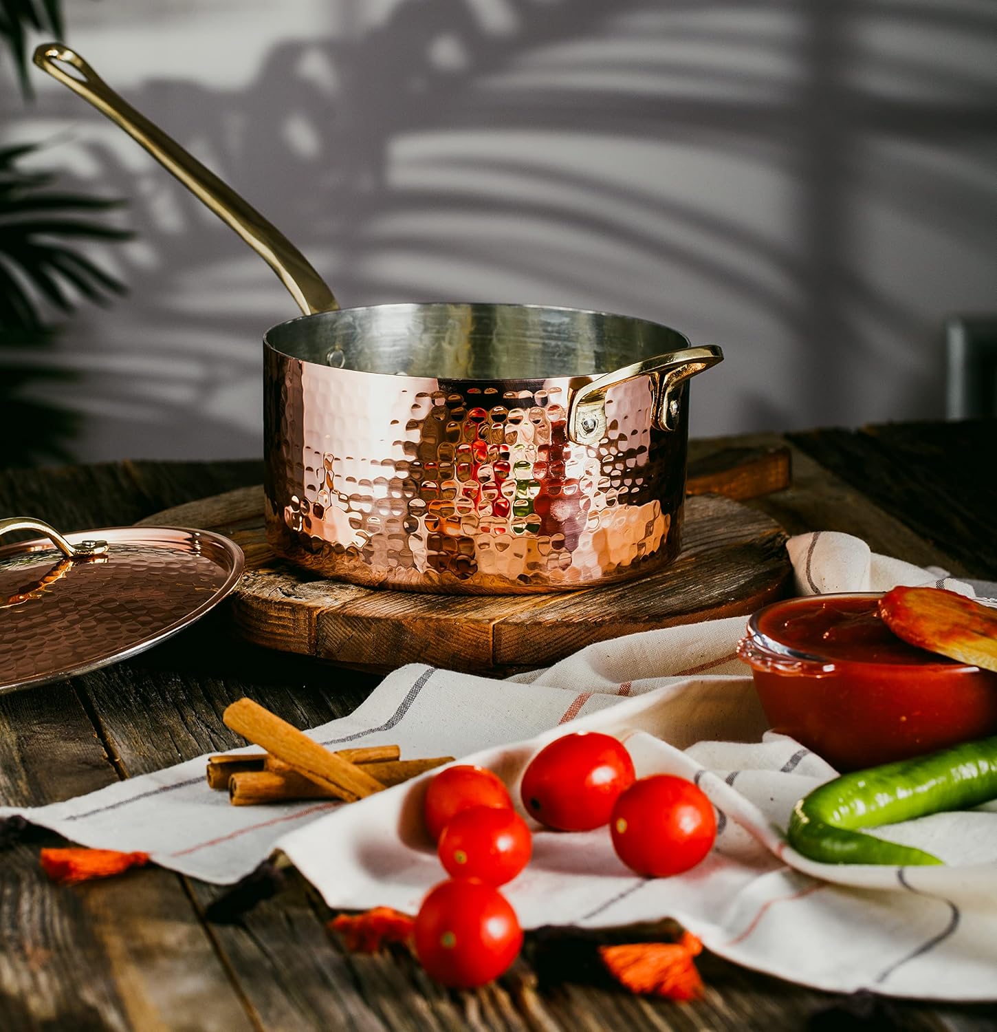 DEMMEX 1.2mm Thick Hammered Uncoated Copper Saucepan with Lid & Helper Handle, Food-Safe Tin Lined (1.7-Quart)