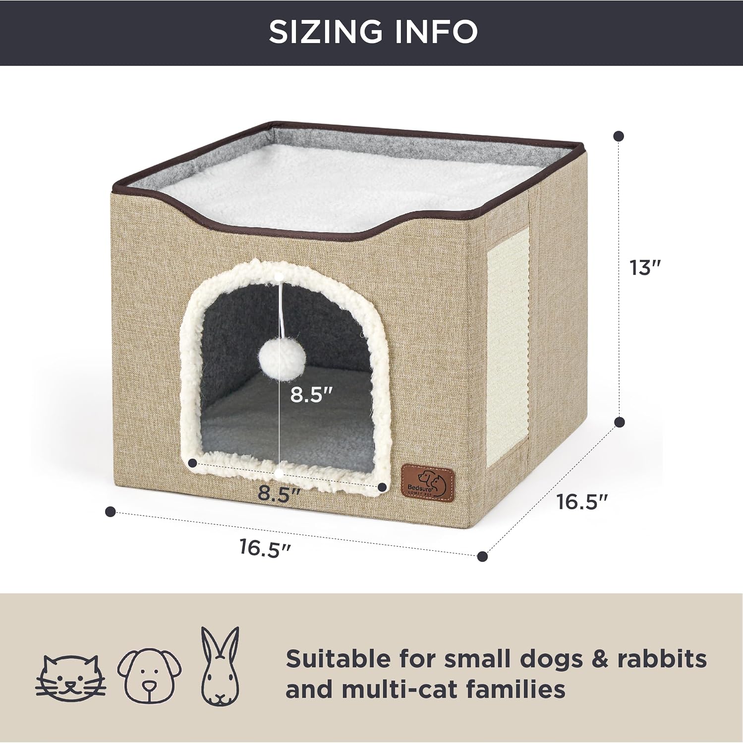 Bedsure Cat House Bed for Indoor Cats with Fluffy Ball and Scratch Pad,Grey