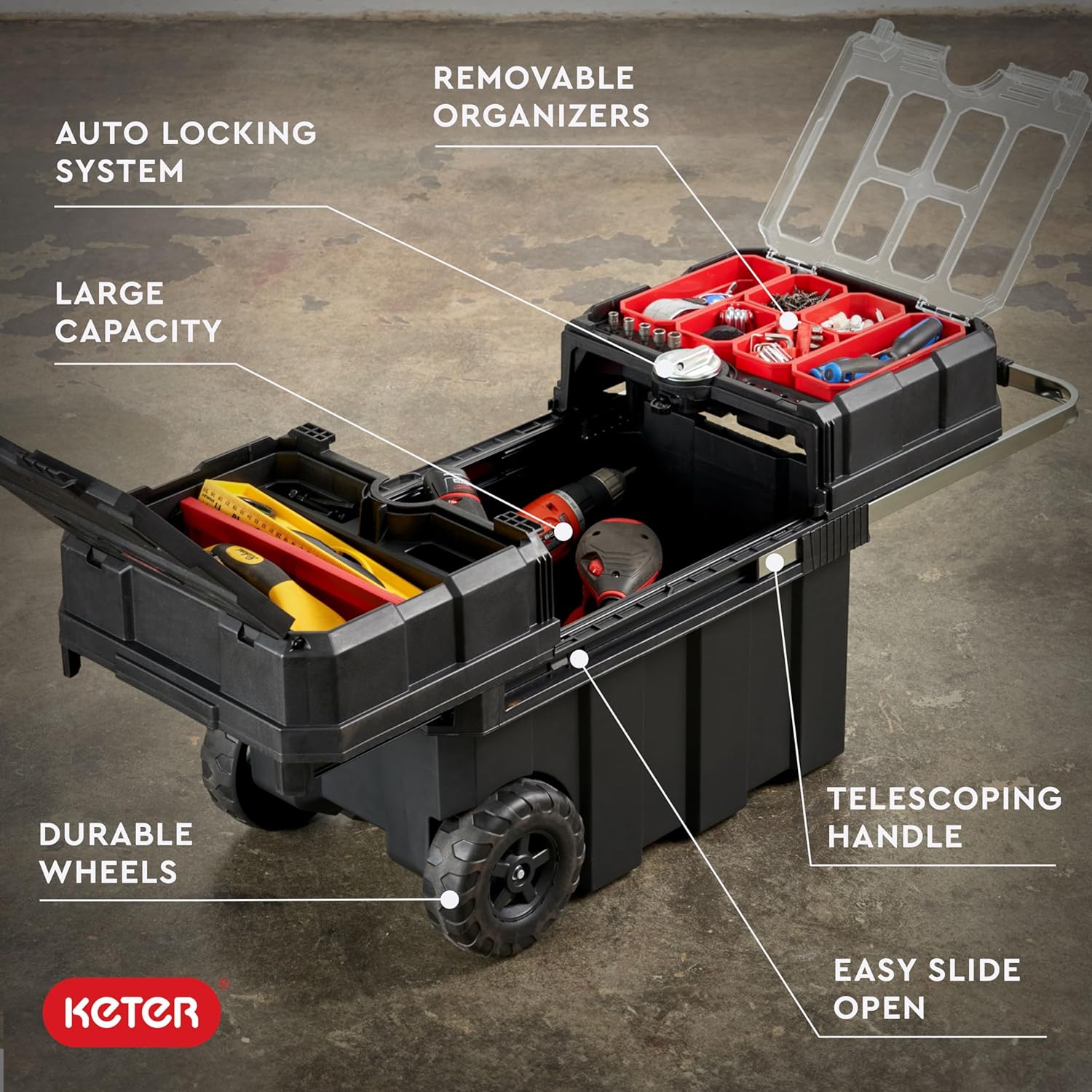Keter Masterloader Resin Rolling Tool Box with Locking System and Removable Bins – Perfect Organization and Storage Chest for Power Drill, Tape Measure, and Screwdriver Set, Black | Black, Heavy Duty, Weatherproof, All Terrain Wheels, Durable, Easy Slide…