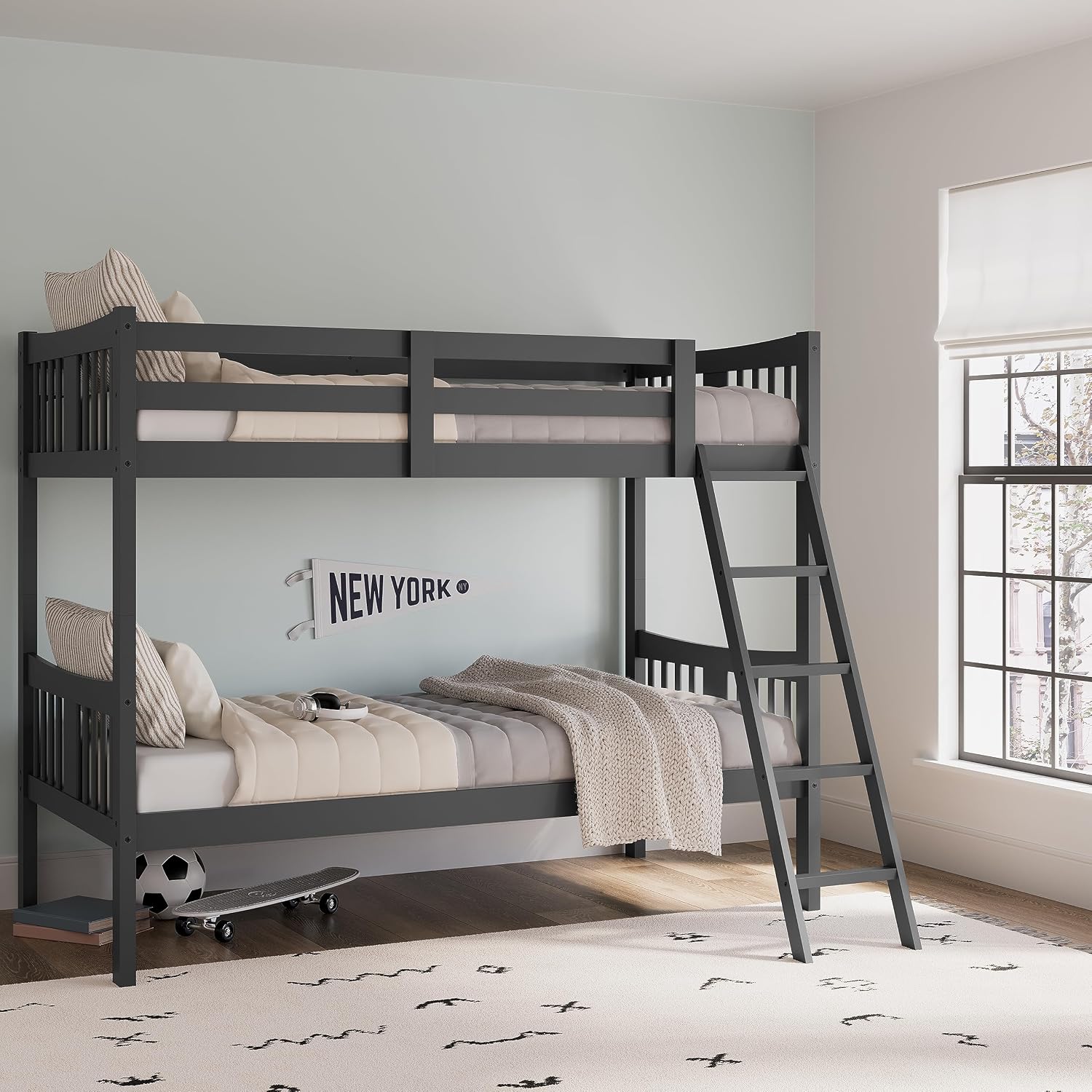 Storkcraft Caribou Twin-Over-Twin Bunk Bed, Navy | GREENGUARD Gold Certified, Wood Twin Bunk Beds for Kids Bedroom, Converts to 2 Individual Twin Beds, No Box Spring Required