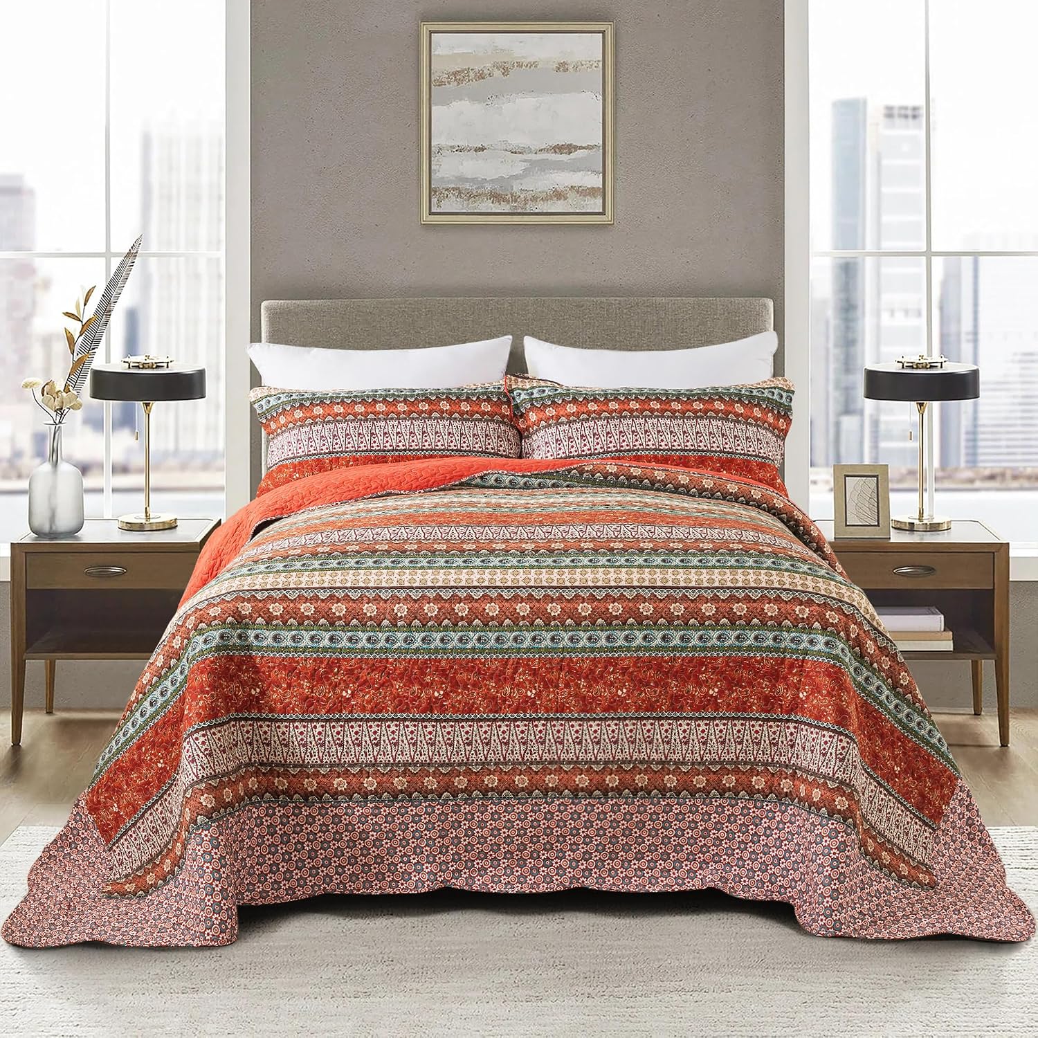 Striped Classical Cotton 3-Piece Patchwork Bedspread Quilt Sets, King Size