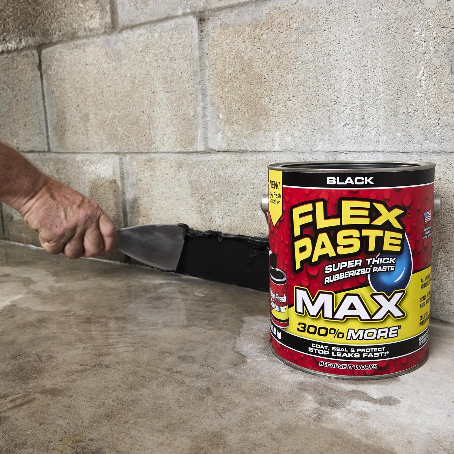 Flex Paste MAX, 12 lb Can, Black, Waterproof Paintable Putty, Spackle Sealant, Fill Gaps Cracks Holes - Block Out Water and Air - UV Resistant - Walls