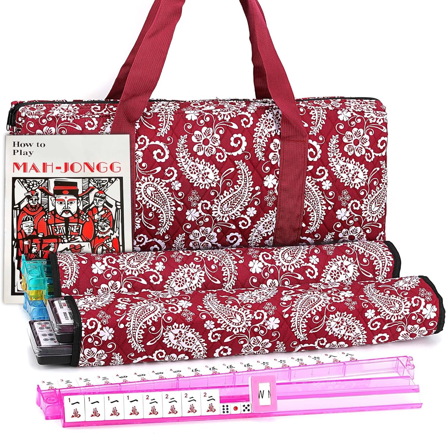 Mose Cafolo American Mahjong Set, Blue Paisley Carrying Bag,166 Premium White Tiles,4 All-in-One Color Rack/Pushers Complete Mahjong Tiles Set (Ma Jong, Mah-Jongg, Majiang)