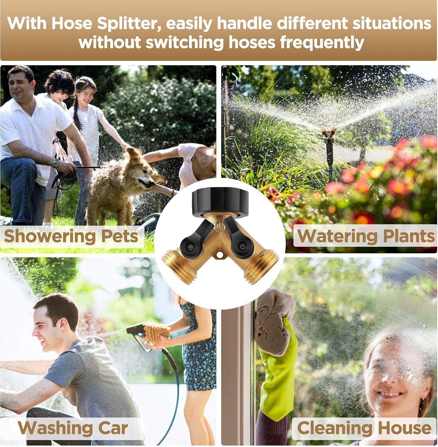 IPOW Brass Heavy Duty 2 Way Y Valve Garden Hose Splitter Adapter High Flow Spigot Splitter + 6 Rubber Hose Washers with Comfort Grip Use