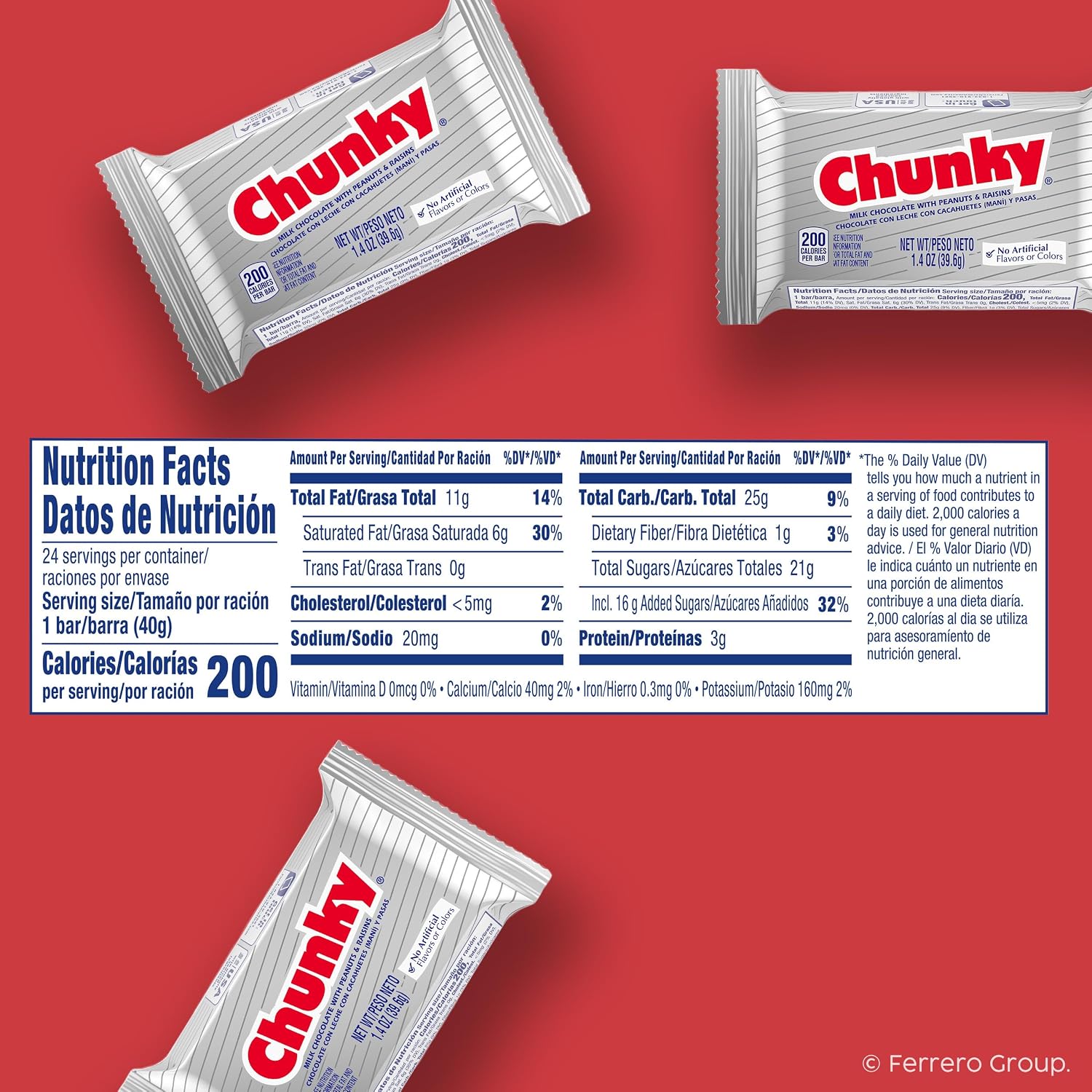 Chunky, Bulk 24 Pack, Milk Chocolate with Peanuts and Raisins Individually Wrapped Candy Bars, 33.6 Oz