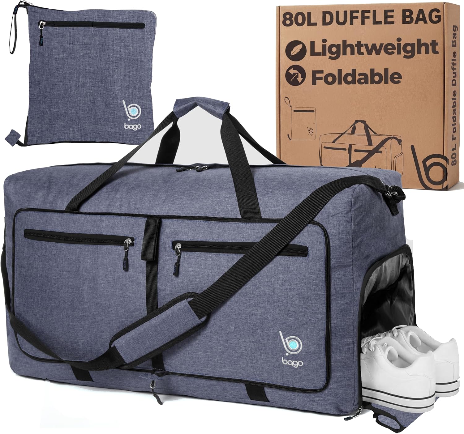 Bago Large Duffle Bag for Travel Women & Men. Durable Lightweight Foldable Travel Duffel Bags For Traveling Women. 80L Duffle Bags For Overnight Bag With Shoe Compartment Collapsible Weekender duffel