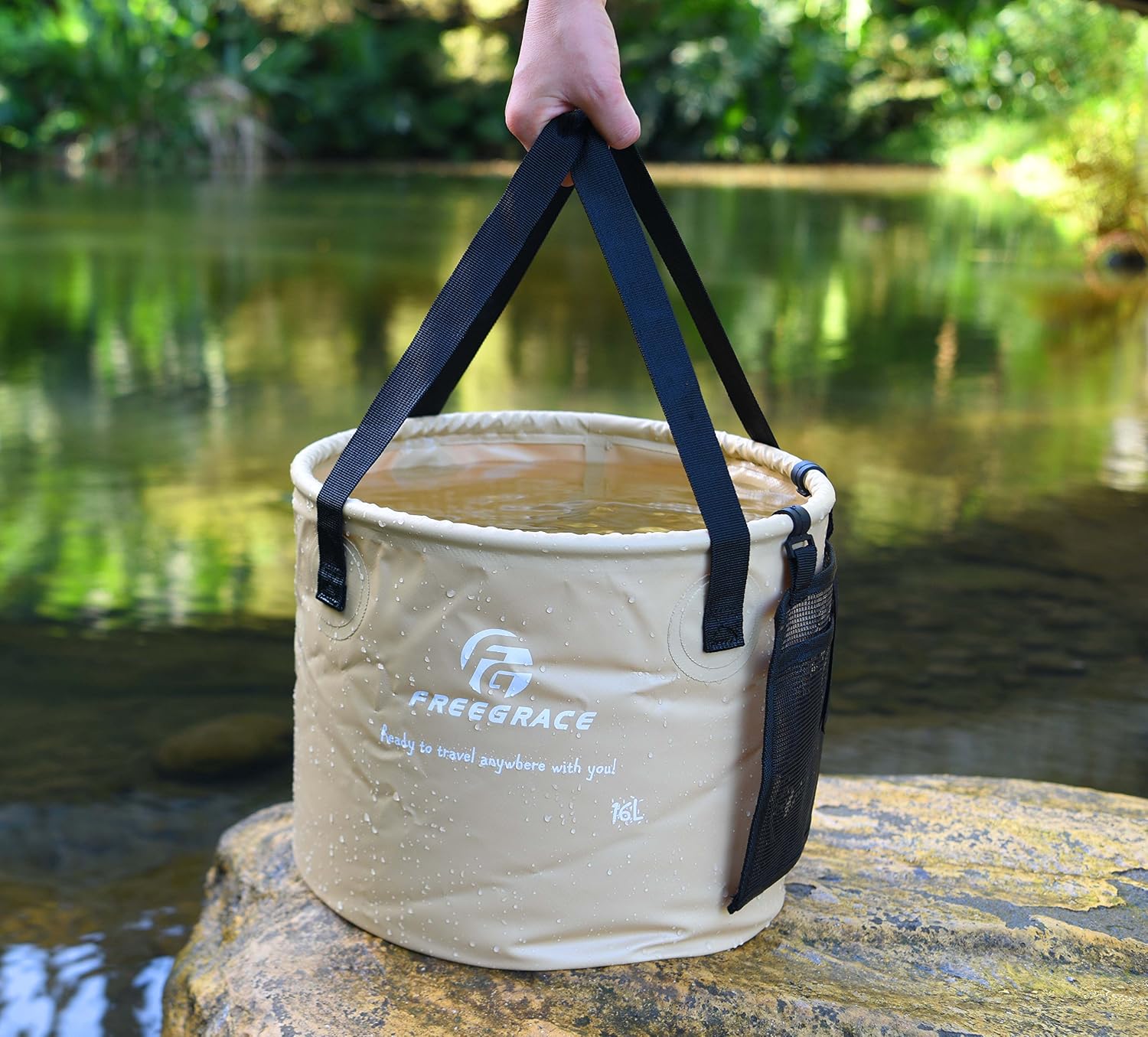Freegrace Collapsible Bucket with Mesh Tool Pocket - 10L, 16L & 23L Portable Folding Water Container - Heavy Duty 500D Tarpaulin, BPA-Free Wash Basin for Camping, Fishing, RV, and Car Washing