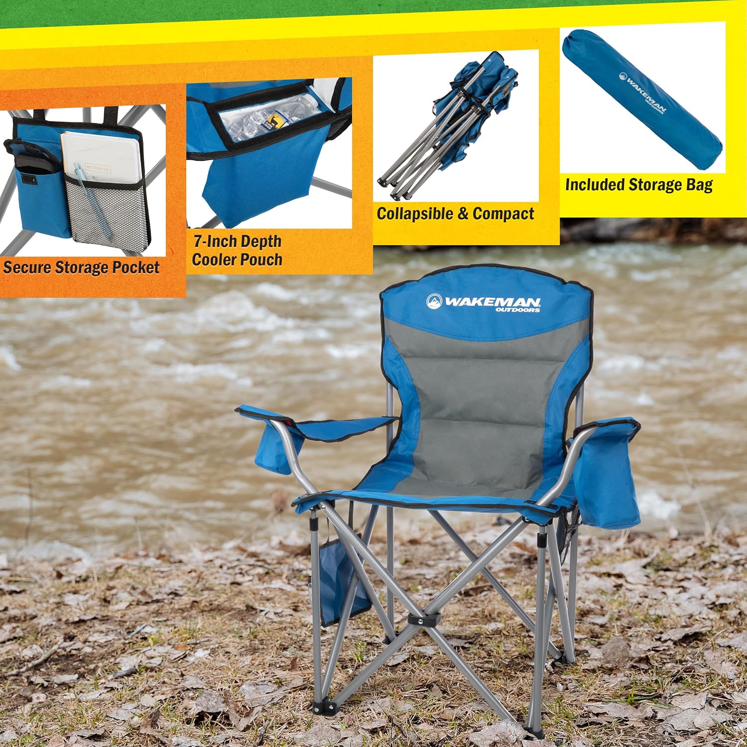 Oversized Camping Chair 300lbs - Heavy Duty Folding Chair with Cooler Pouch and Carry Bag for Camp Sites, Tailgates, or Beach by Wakeman (Blue)