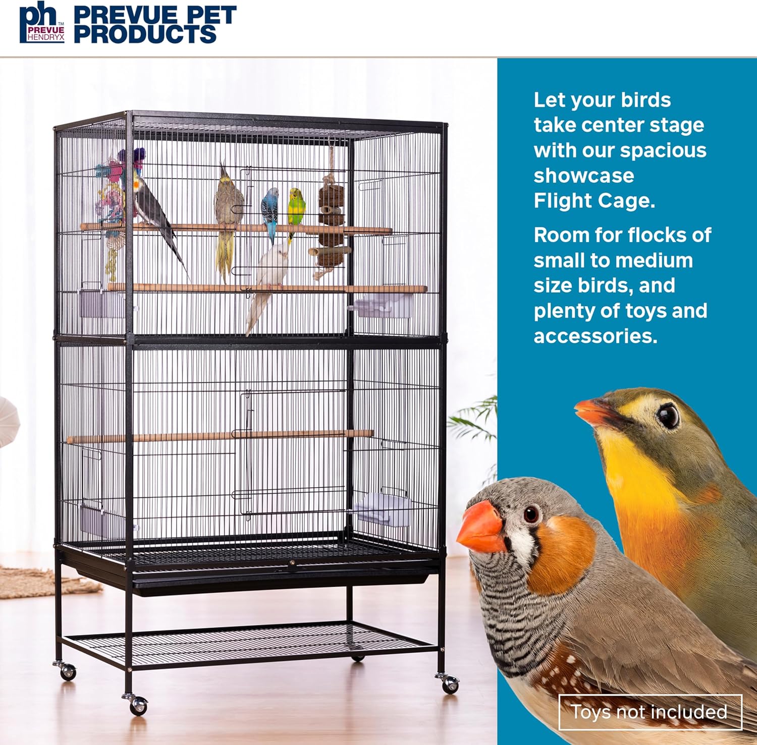 Prevue Pet Products Steel Bird Flight Cage with Wheels - Black, Large | Large Birdcage for Parakeets, Canaries, Finches, Cockatiels, Lovebirds, & Green Cheeks, Metal Standing Birdcage