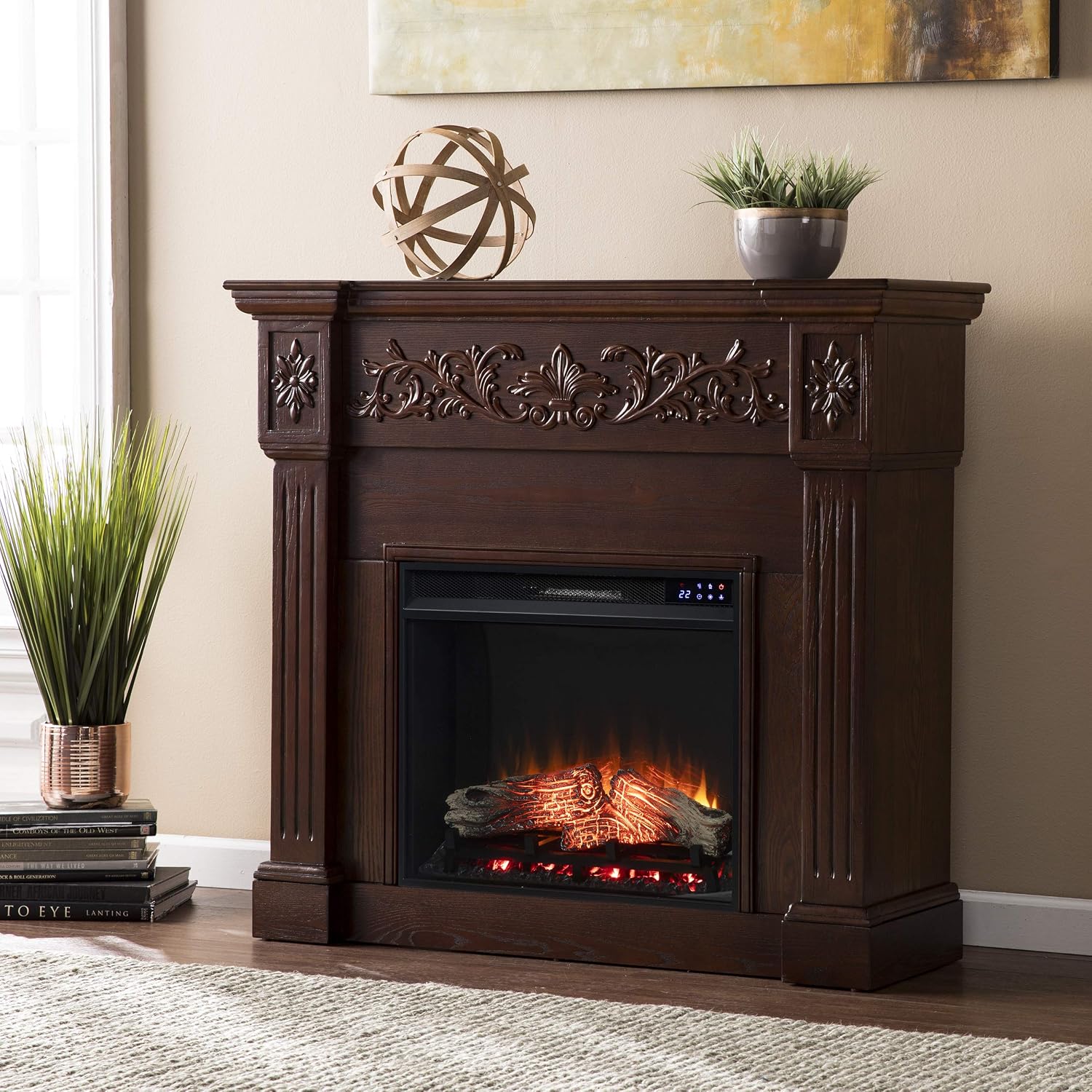 SEI Furniture Calvert Electric Fireplace with Carved Floral Trim, New Espresso