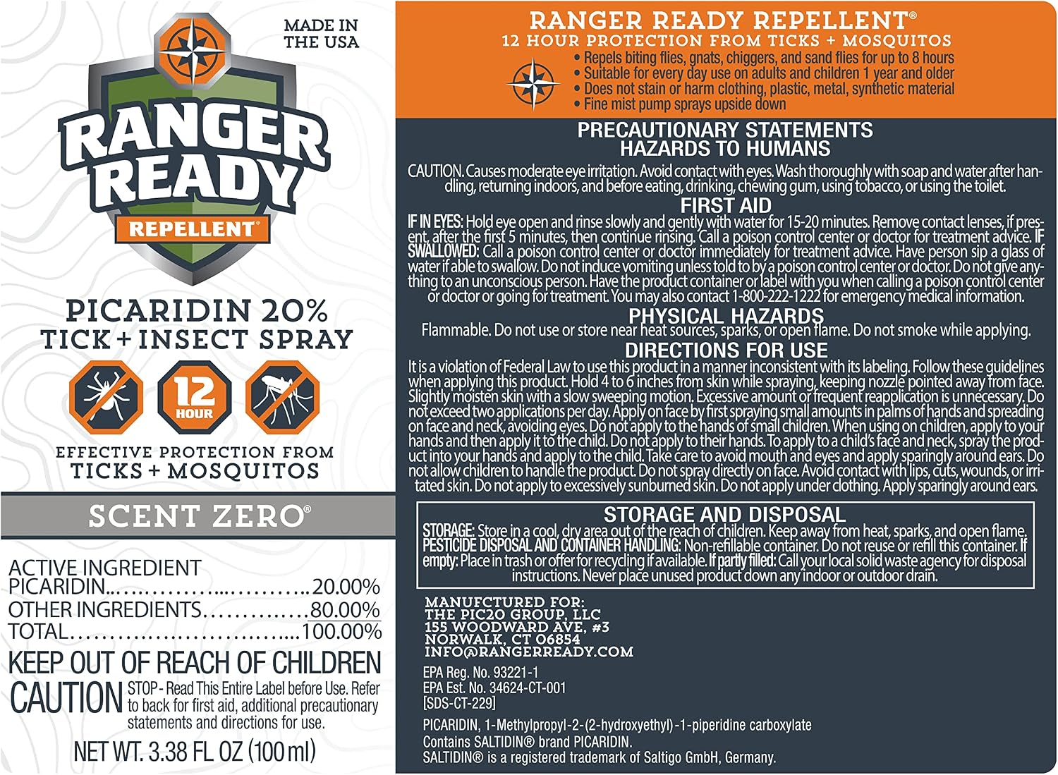 Ranger Ready Repellents Picaridin Insect Repellent Spray with Scent Zero - Mosquito Repellent and Tick Spray (8 oz., Pack of 1)