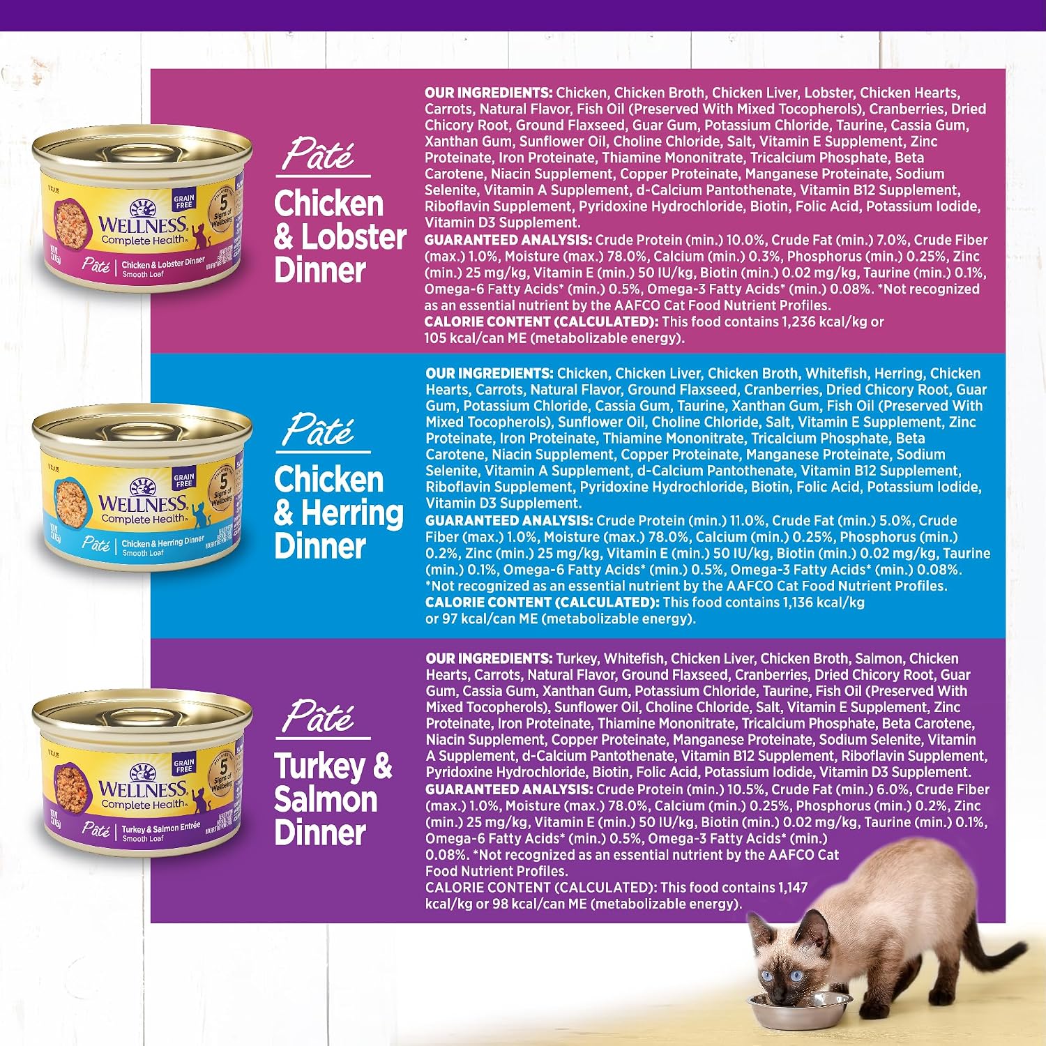 Wellness Complete Health Pate Variety Pack Adult Canned Wet Cat Food, Natural, Protein Rich, Grain Free, Chicken and Turkey Favorites, 3 oz