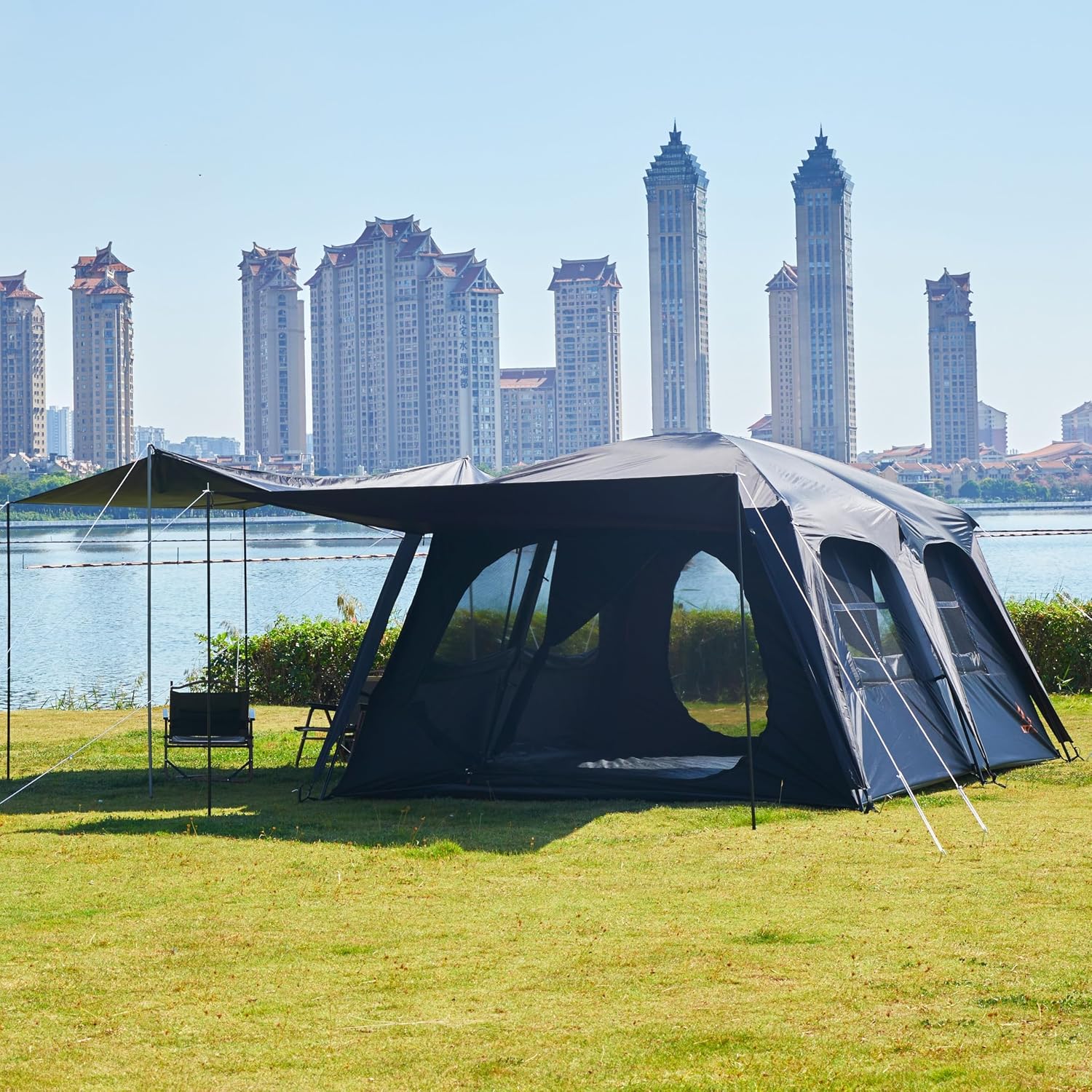 KTT Extra Large Tent 12-14 Person, Family Cabin Tents, 2 Rooms, Straight Wall, 2 Doors 4 Windows with Mesh, Waterproof, Double Layer