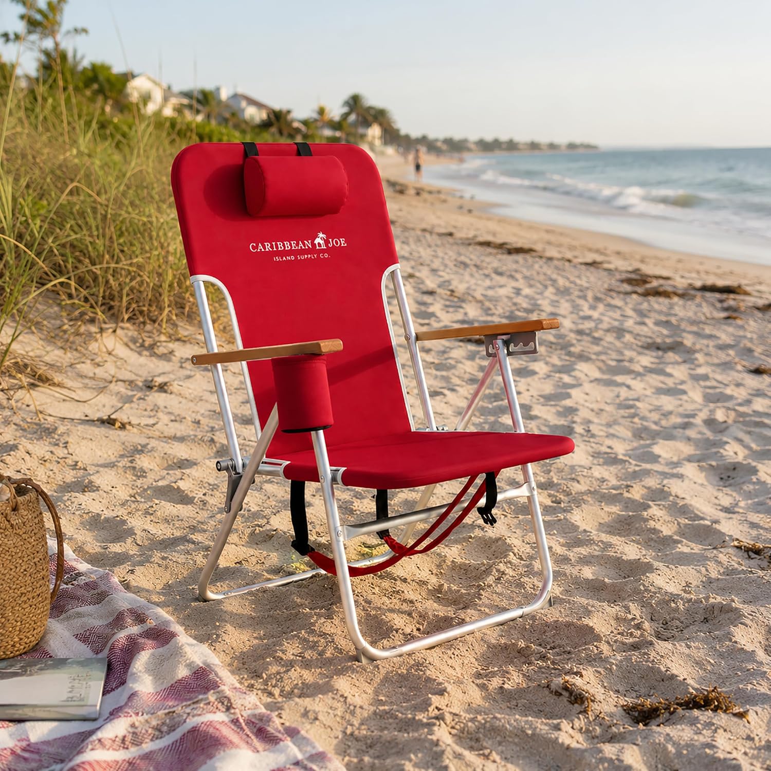 CARIBBEAN JOE Folding Beach Chair, 4 Position Portable Backpack Foldable Camping Chair with Headrest, Cup Holder, and Wooden Armrests