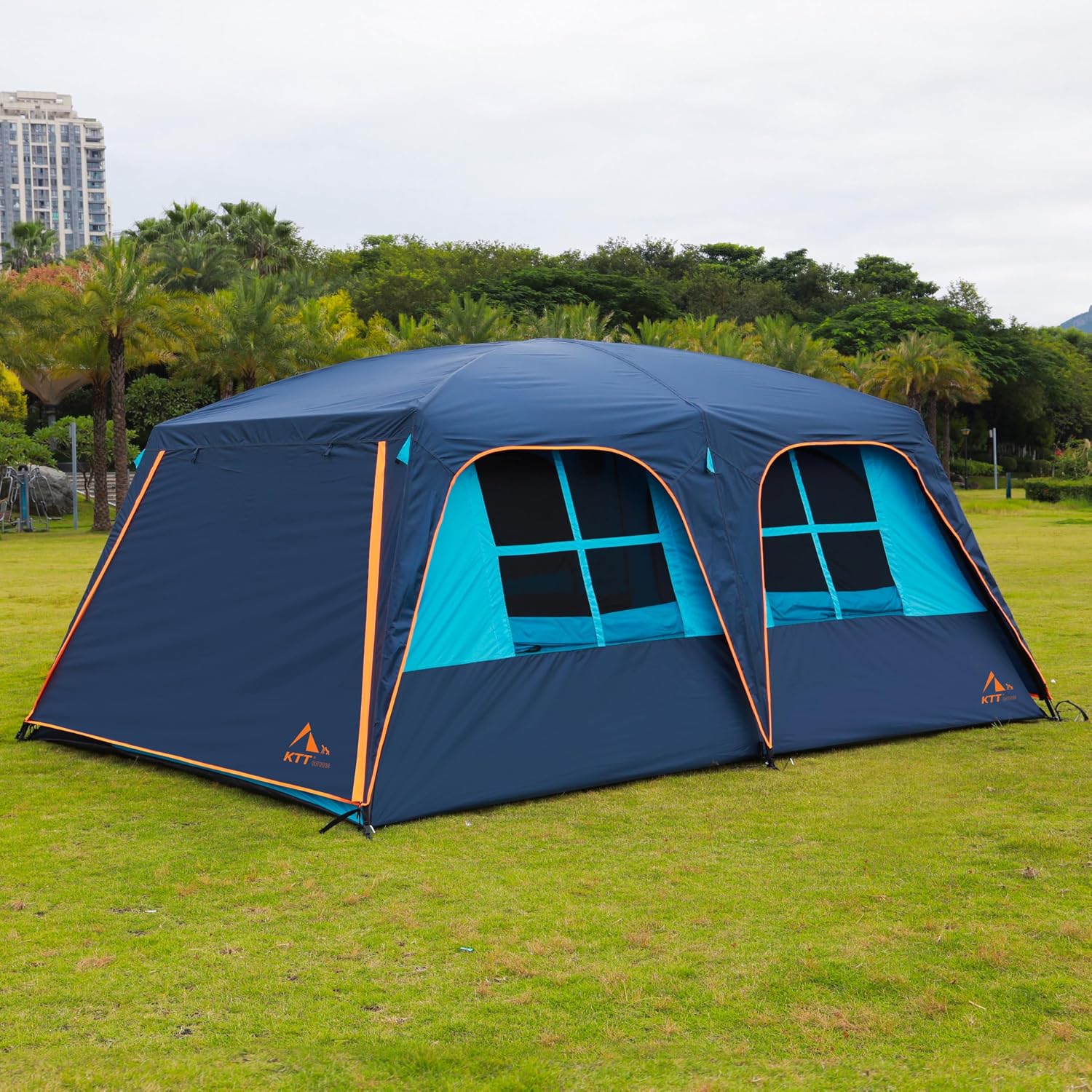 KTT Extra Large Tent 12-14 Person, Family Cabin Tents, 2 Rooms, Straight Wall, 2 Doors 4 Windows with Mesh, Waterproof, Double Layer