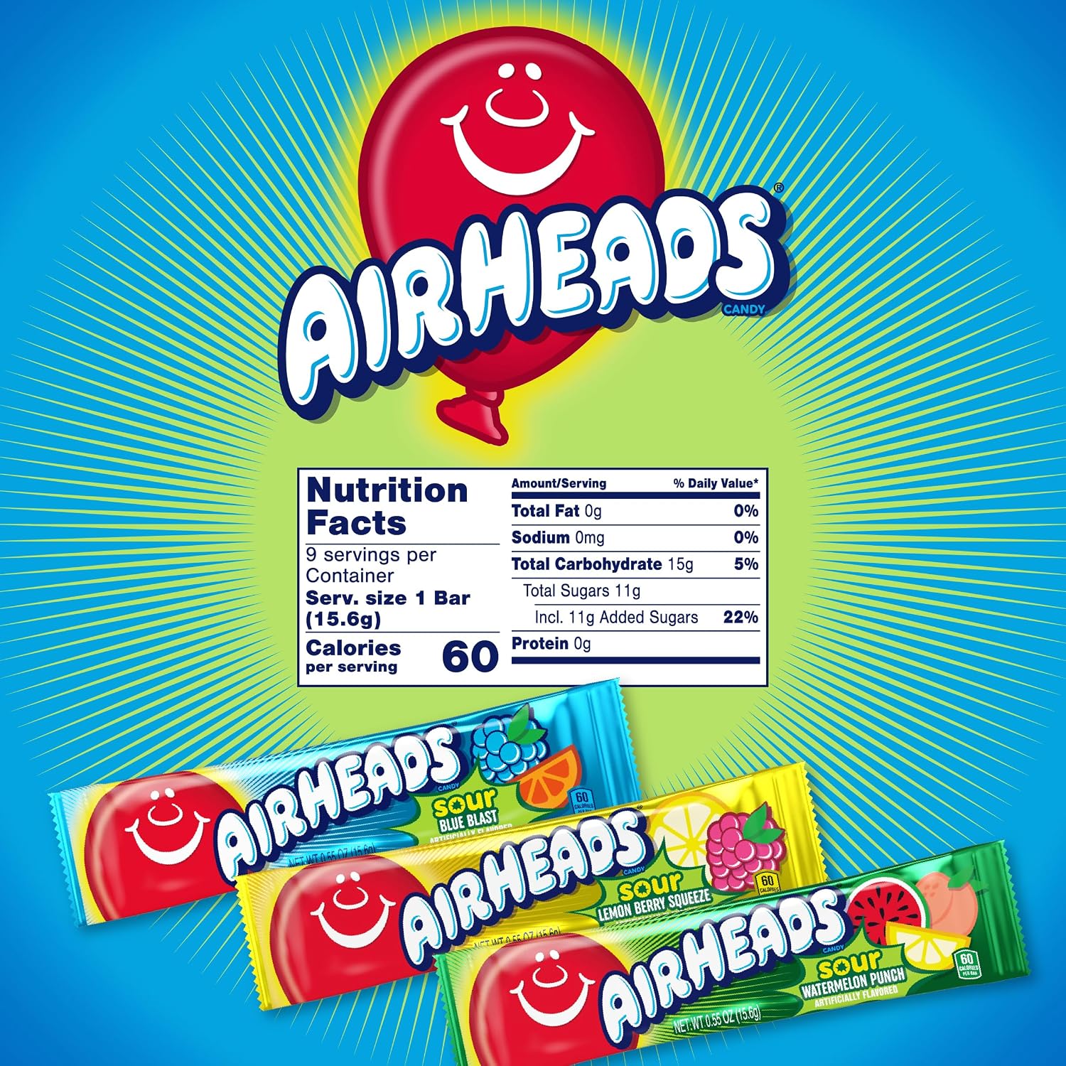 Airheads Full-Size Candy Bars, Assorted Taffy Variety Pack, 60 Count Box | Individually Wrapped Bulk Candy, Six Assorted Fruit Flavors, Artificially Flavored