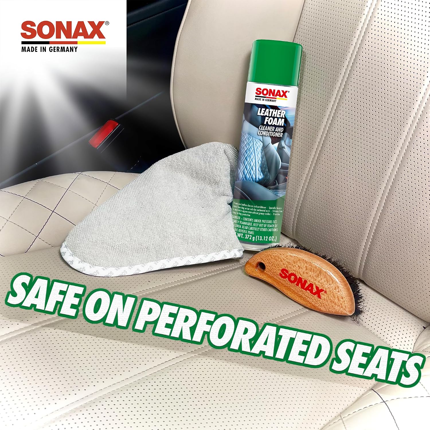 SONAX Leather Foam 289300 | 2 in 1 Aerosol Leather Cleaner and Conditioner | Safe to Use on Perforated Air Conditioned/Heated Seats | UV Protection
