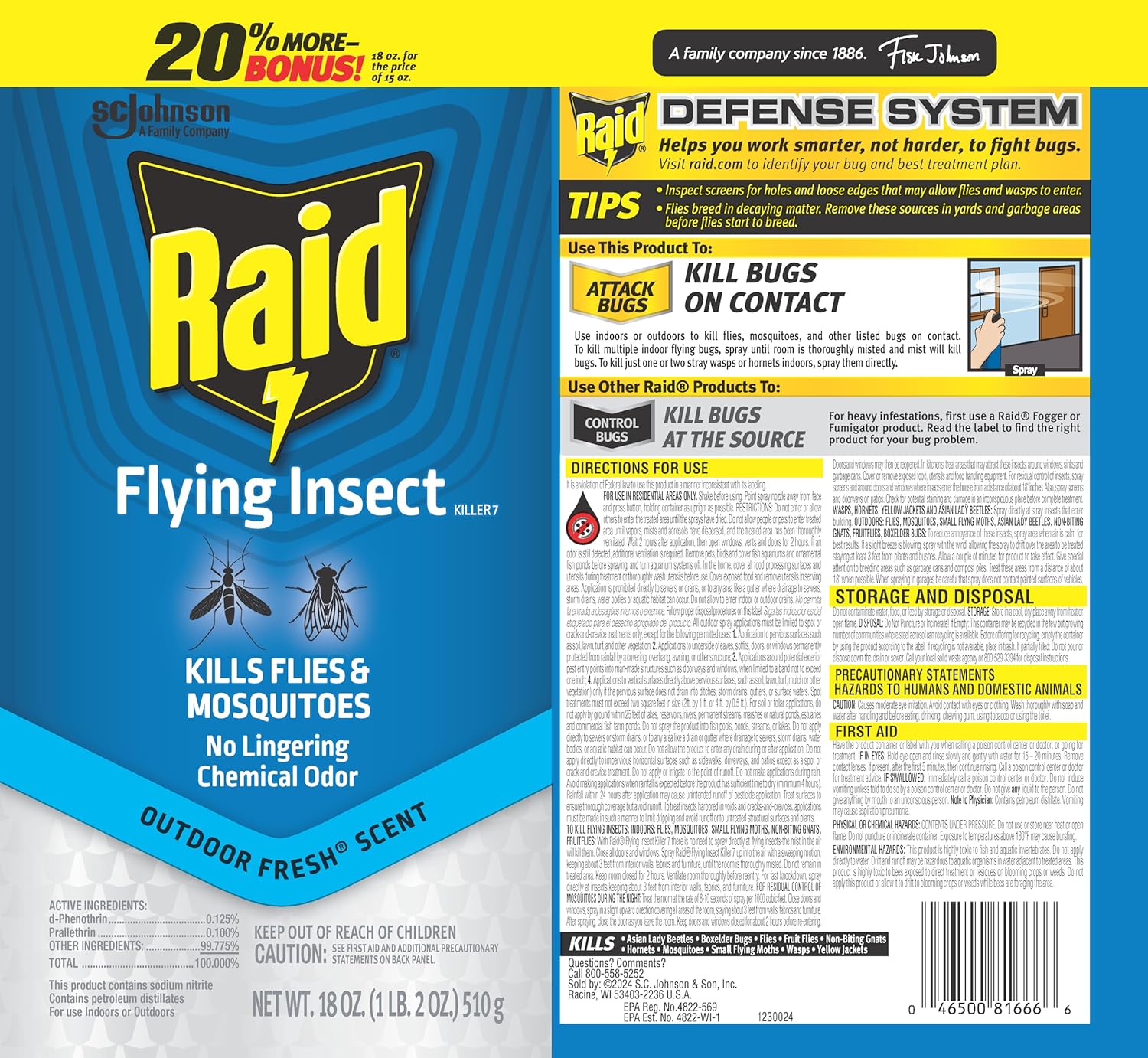 Raid Flying Insect Killer 7, Bug Spray, Insecticide Spray for Indoors & Outdoors, 18 oz
