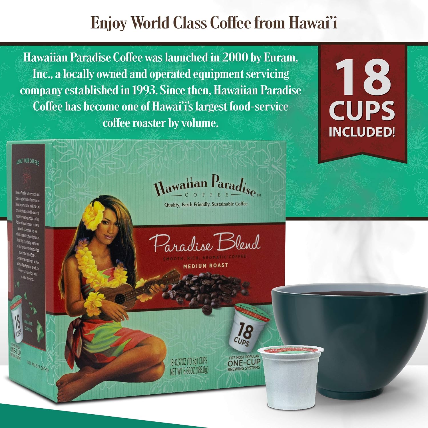 Hawaiian Paradise Coffee Vanilla Macadamia Nut Single Serve Cups 18 Count Medium Roast Sweet Aromatically Flavored - 100% Arabica Beans - Compatible with Keurig K-Cup Brewers