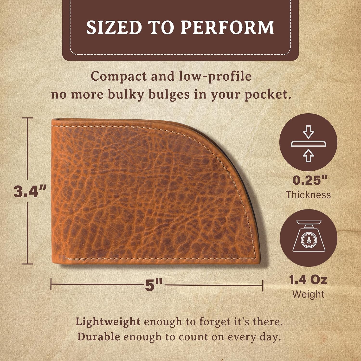 Genuine Bison Leather Wallet for Men, RFID Slim, Brown | Genuine bison leather wallet for men with RFID blocking and curved front pocket fit. Rugged slim everyday carry, brown.
