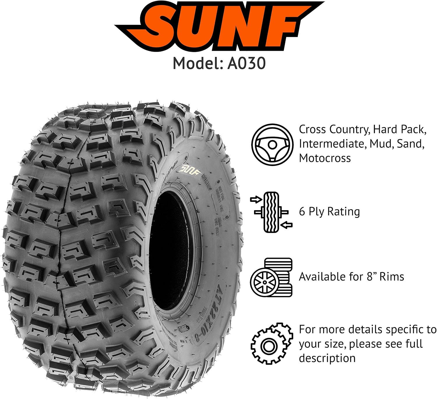 SunF 22x10-8 22x10x8 Knobby ATV UTV Tire 6 PR Tubeless - A030