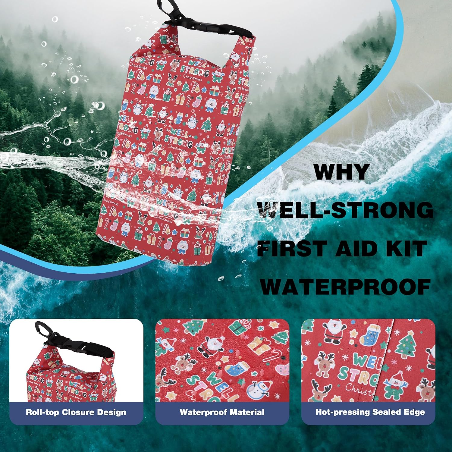 Waterproof First Aid Kit Roll Top Boat Emergency Kit with Waterproof Contents for Fishing Kayaking Boating Swimming Camping Rafting Beach Red