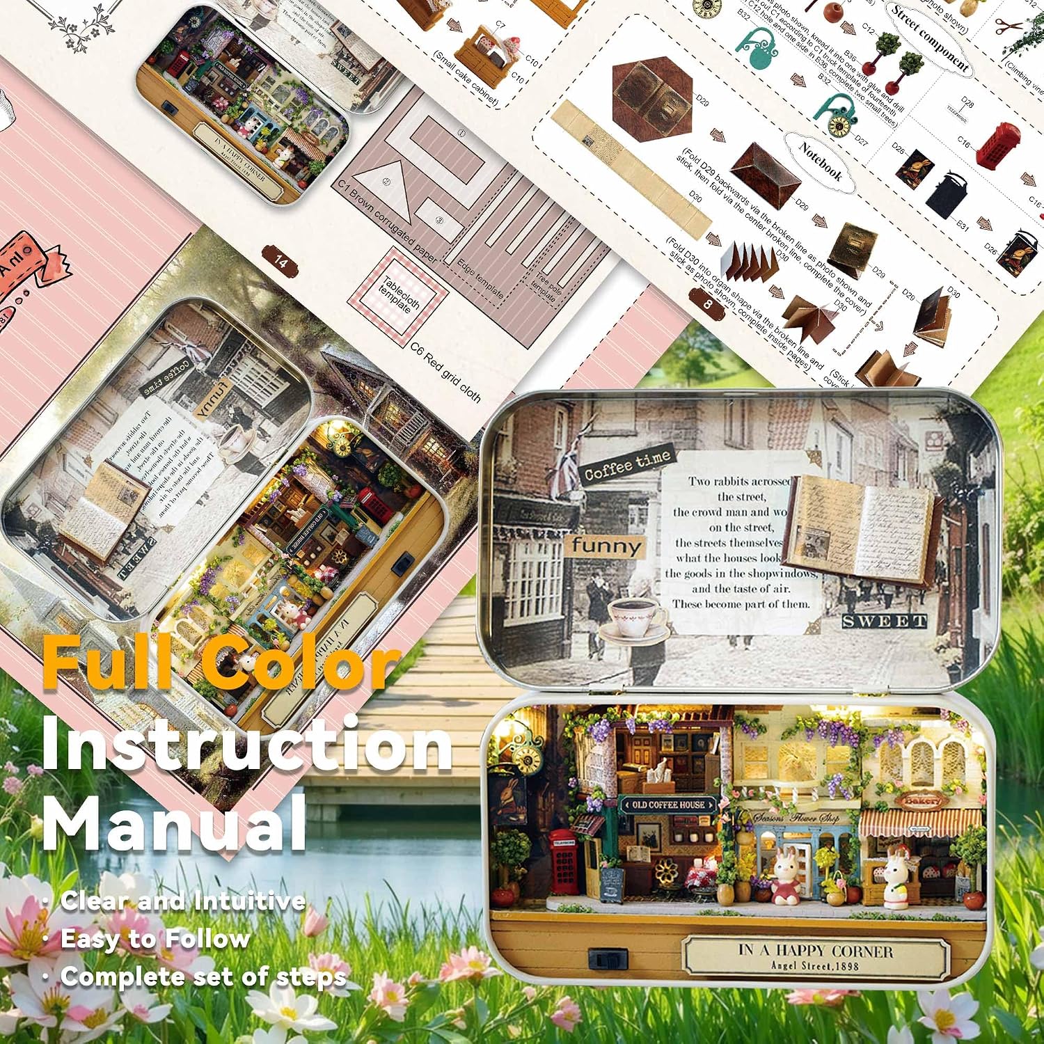 Flever Dollhouse Miniature DIY House Kit Creative Room with Furniture and Cover for Romantic Valentine's Gift(Happy Corner)