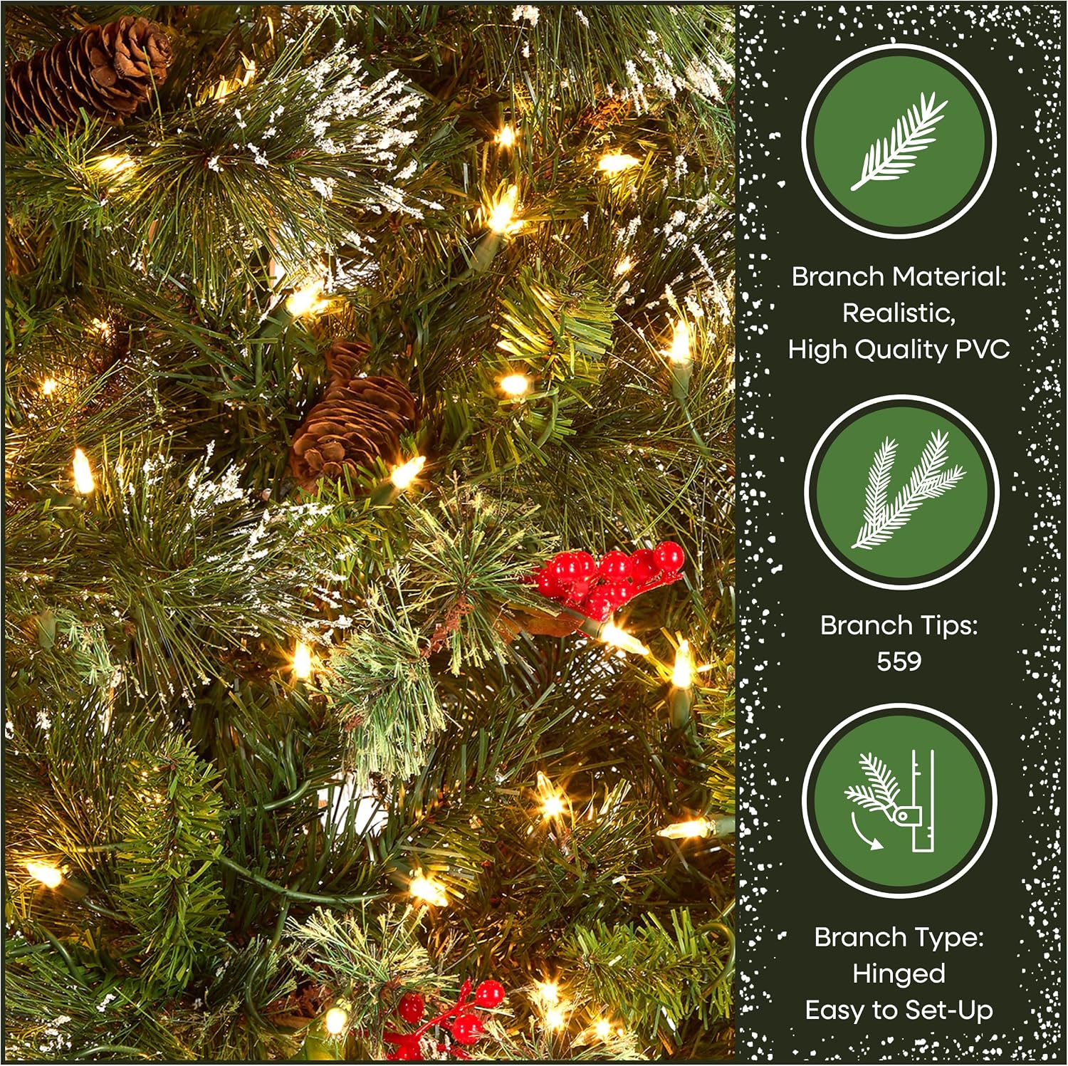 National Tree Company 7.5ft Pre-Lit Wintry Pine Medium Christmas Tree | 650 Clear Lights, 831 Tips, Flocked, Pinecones, Red Berries, Includes Stand, Green