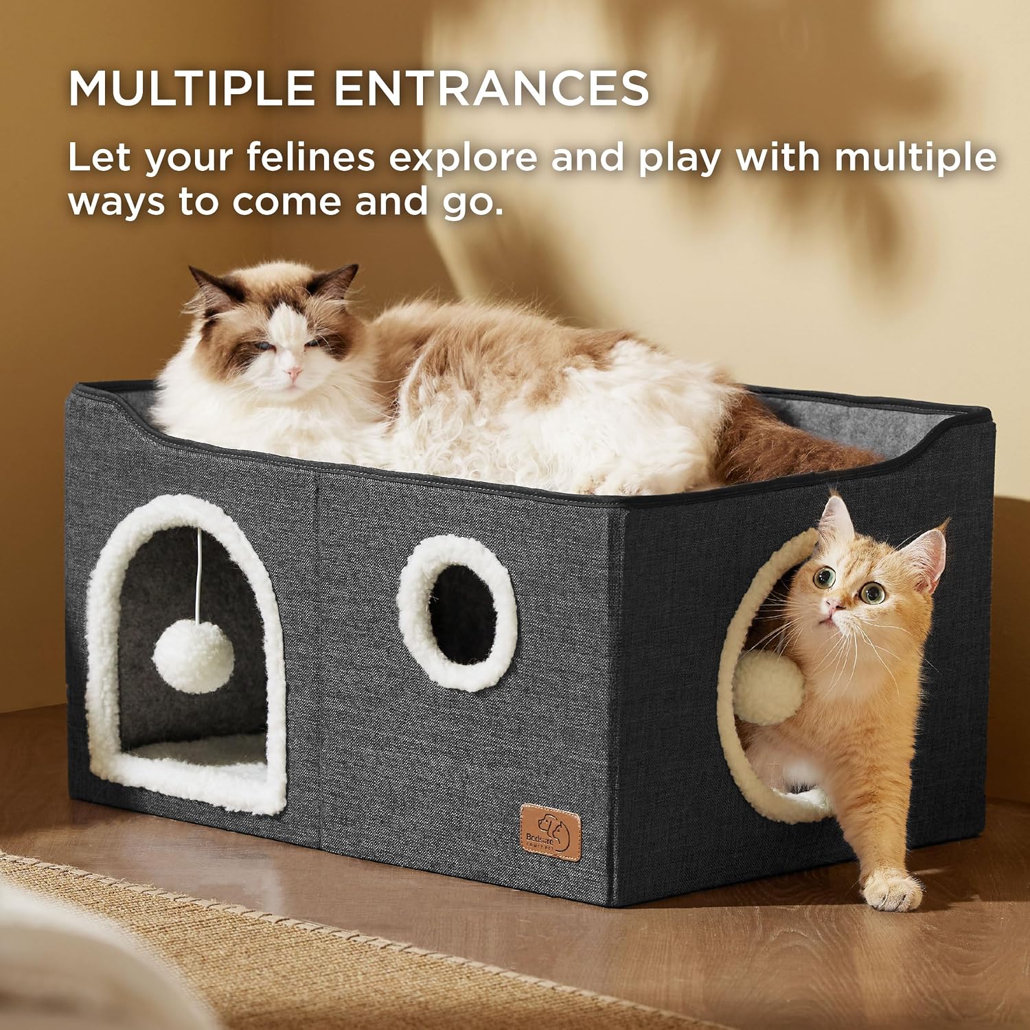 Bedsure Cat House Bed for Indoor Cats with Fluffy Ball and Scratch Pad,Grey