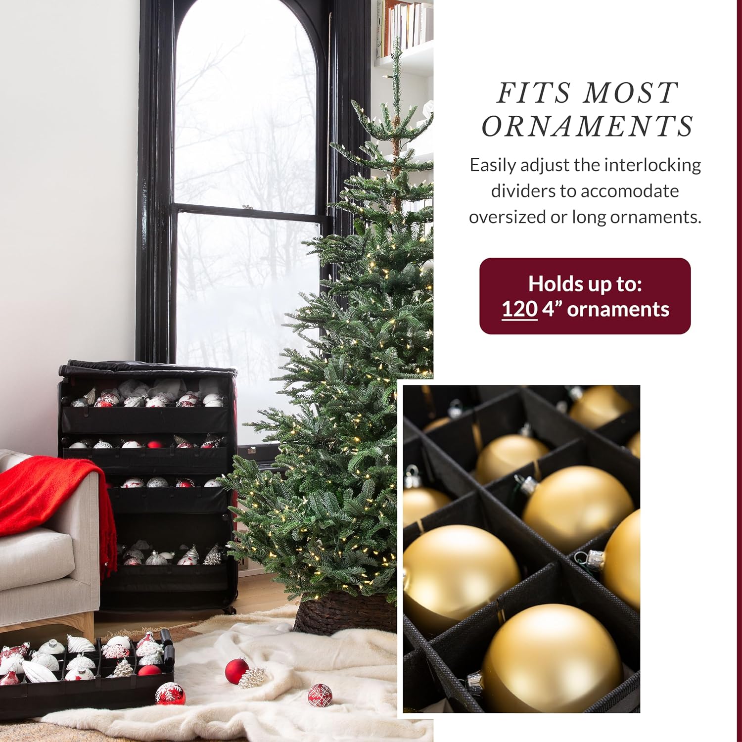 Balsam Hill Deluxe Rolling Ornament Chest - 120pc Christmas Decoration Storage with Dividers & Trays