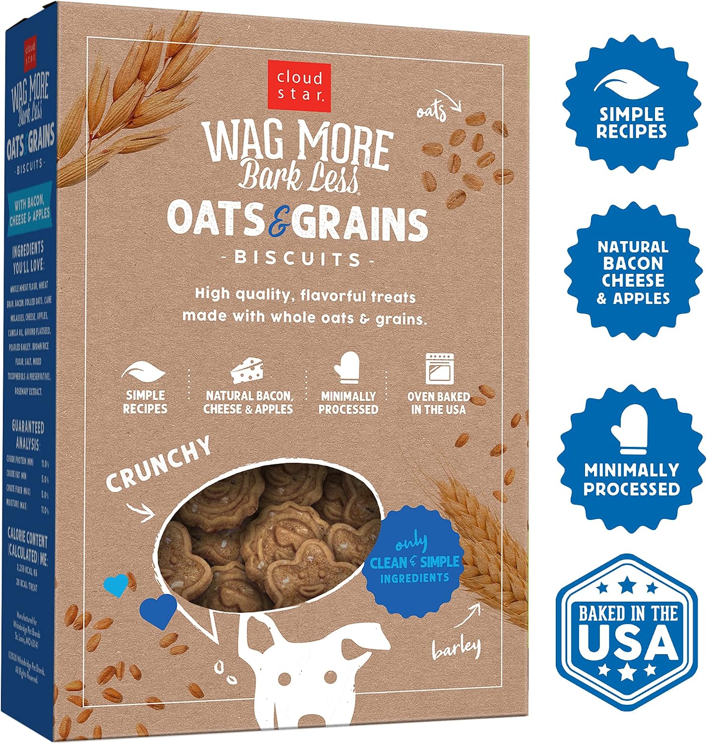 Cloud Star Wag More Bark Less - Dog Treats - Crunchy Biscuits - Oats & Grains Bacon, Cheese & Apples - 16 oz Box