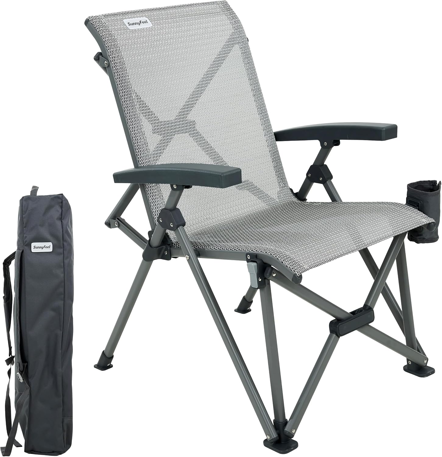 SUNNYFEEL High Back Folding Camping Chair 500 lbs with Aluminum Frame, Grey | Ergonomic Back Support, High-Resilience Fabric & Uv-Rated, Detachable Cup Holder and Carry Bag for Camping, Beach, RV, Patio