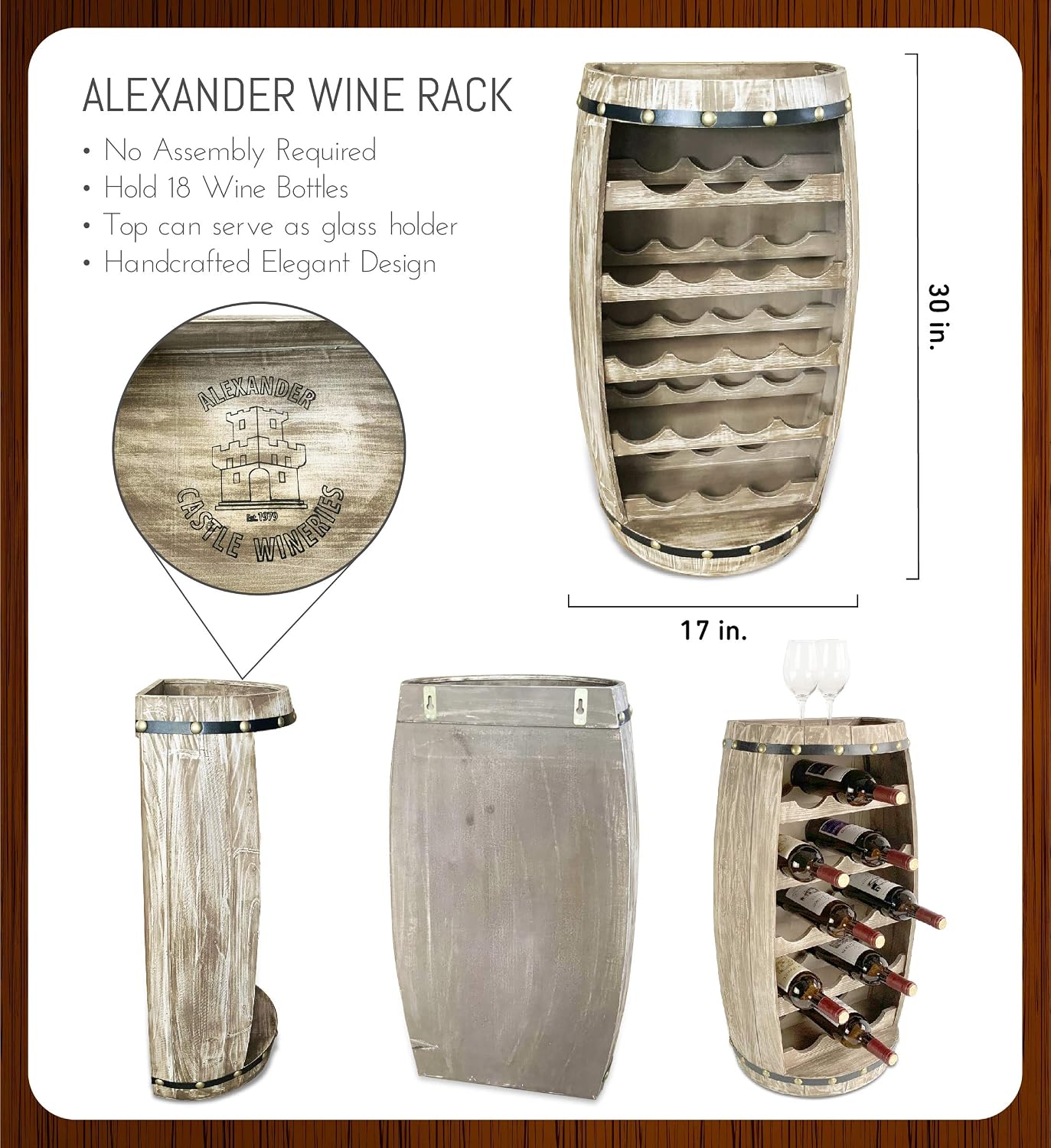 CoTa Global Alexander Wooden Barrel Wine Rack - 18 Bottles Wine Storage Rack, Wooden Rack Free Standing, Liquor Bar Shelf, Rustic Bottle Holder