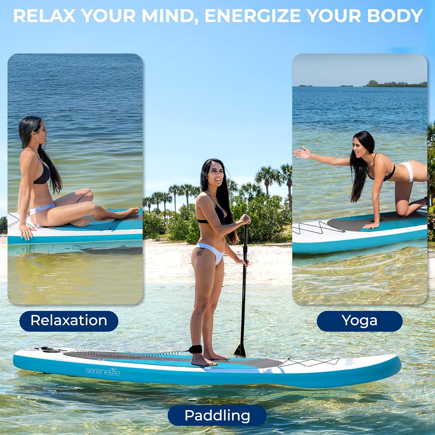 SereneLife 10’ Inflatable Stand Up Paddle Board with Premium SUP Accessories - Wide Stable Design with Non-Slip EVA Deck Pad, for Youth and Adults, 350 lbs. Capacity