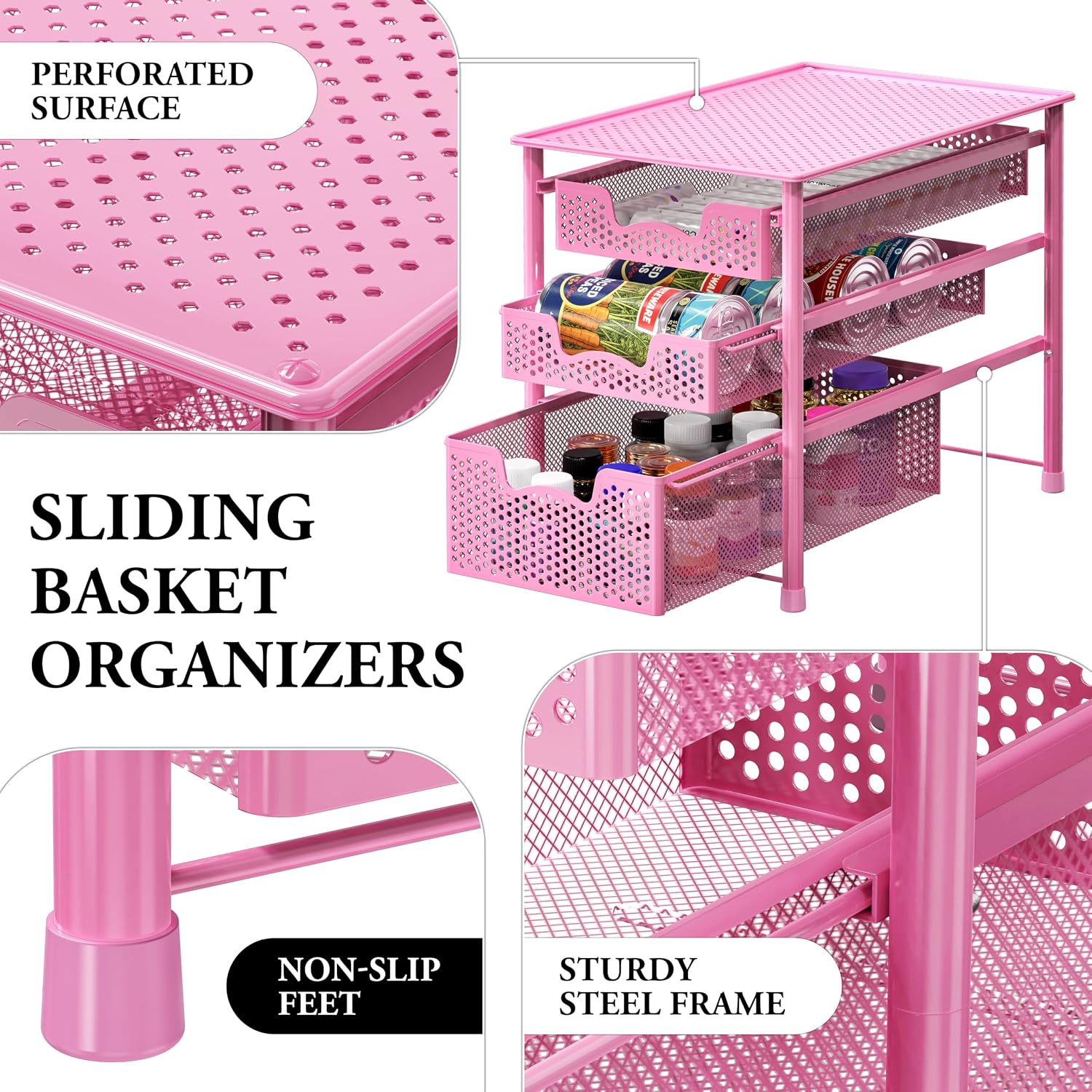 Simple Houseware Stackable 3 Tier Sliding Basket Organizer Drawer, Silver