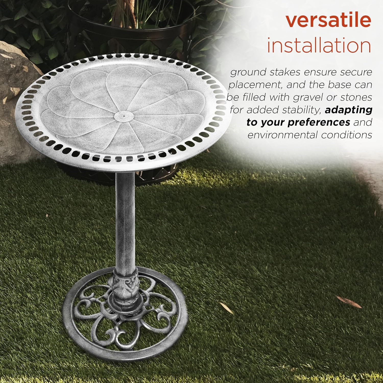Alpine Corporation TEC116 Outdoor Aged Green Pedestal Birdbath with Scrollwork, 28" Tall, Green