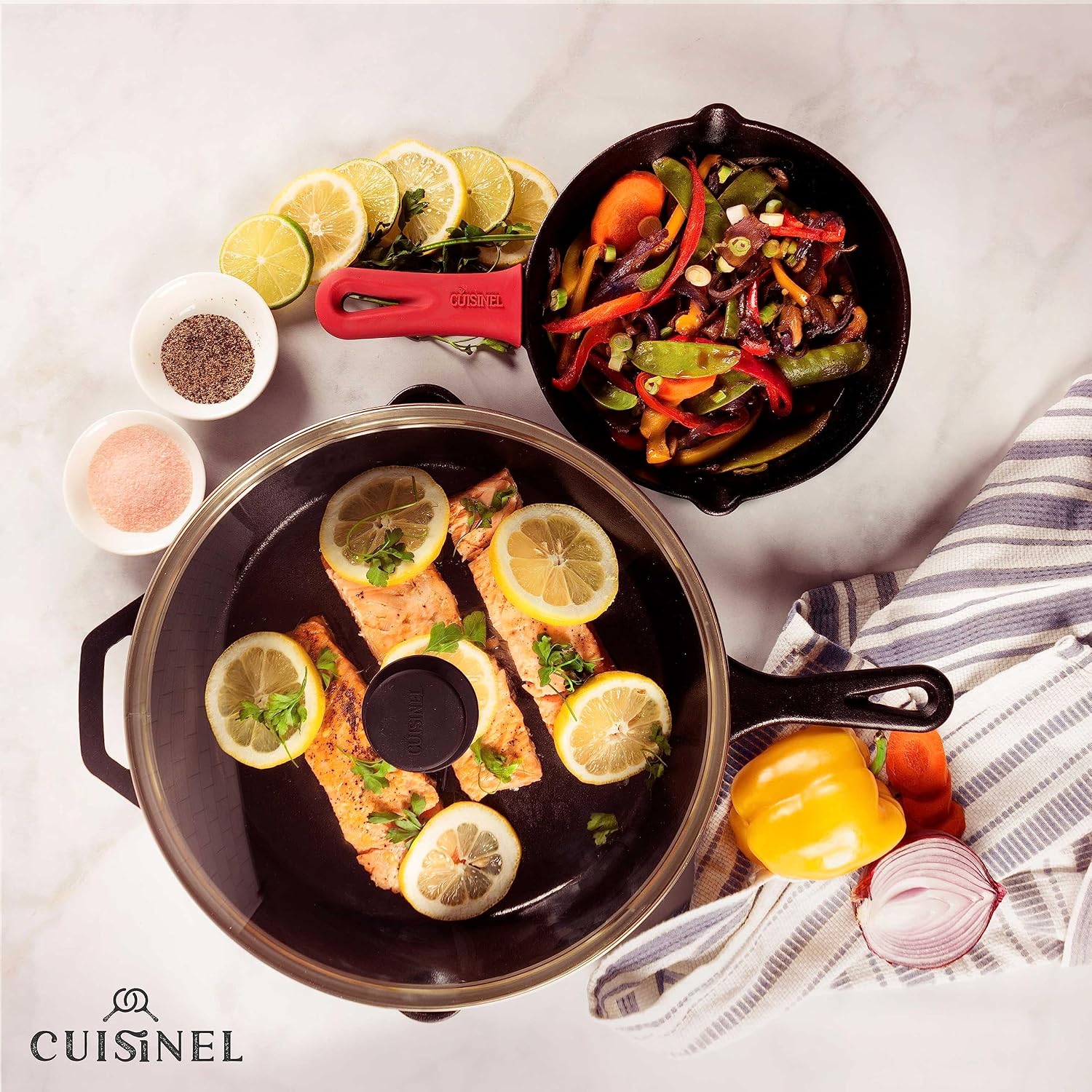 Cuisinel Cast Iron Skillet with Lid - 10"-Inch Pre-Seasoned Frying Pan + Glass Cover + Heat-Resistant Handle Holder - Indoor/Outdoor Use - Grill, Stove, Camp Firepit, Induction - Oven Safe Cookware
