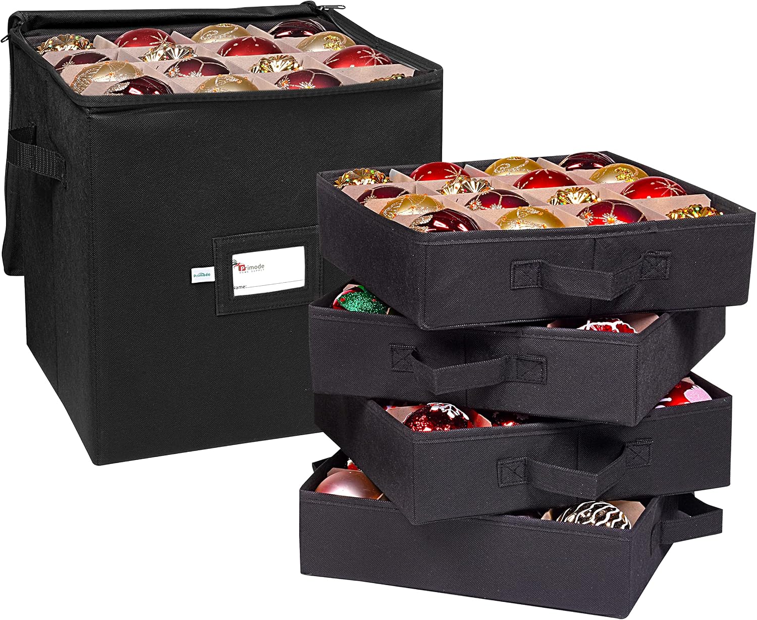 Christmas Ornament Storage Box, 4 Individual Trays Xmas Storage Container, Fits 64 Ornaments Decoration Balls, Constructed of Durable Polyester Material (Red)