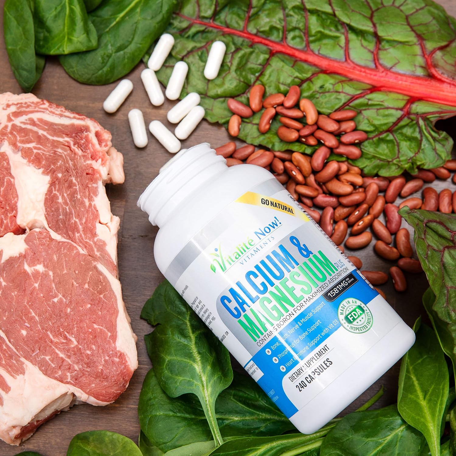 Vitalité Now! Calcium Magnesium Supplement 1000mg with Vitamin D | 10 Forms of Calcium for Maximum Absorption - Bone Strength Support with Boron