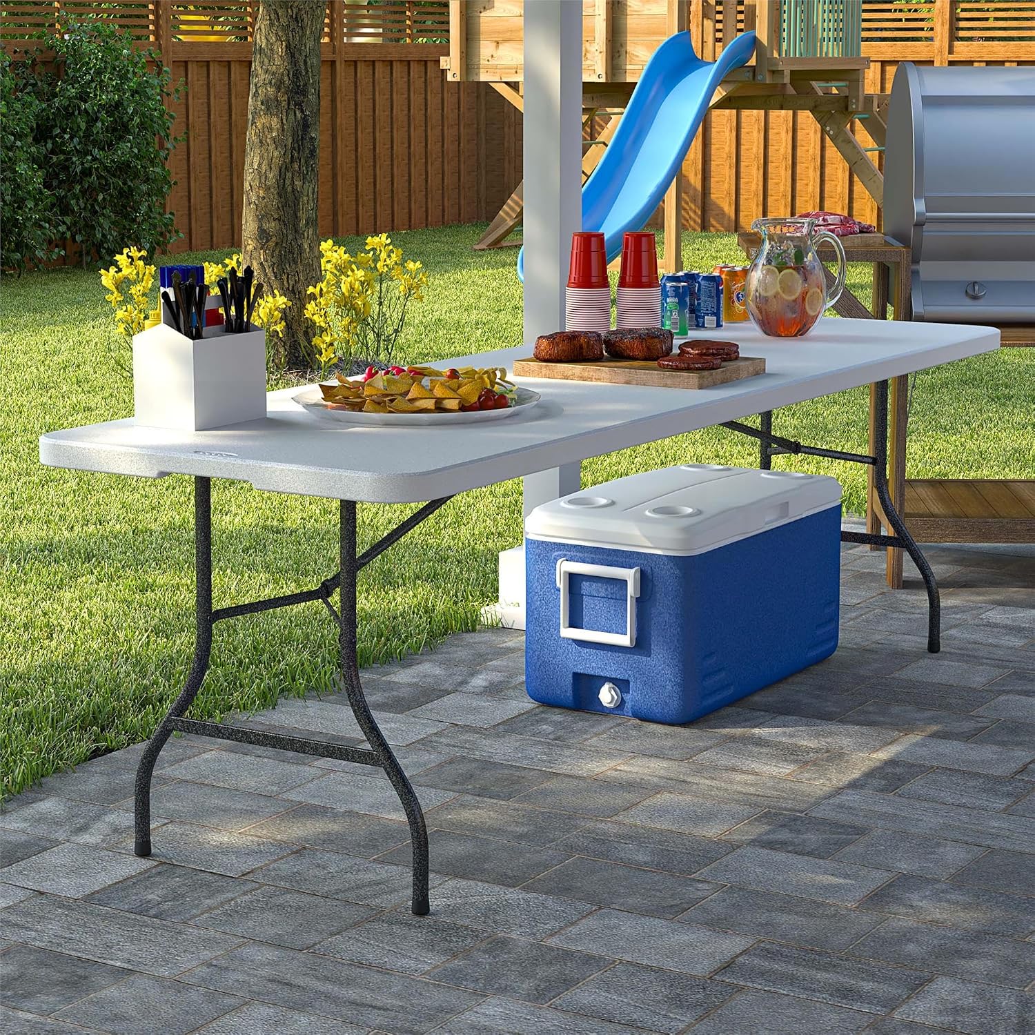 Cosco 6ft Fold-in-Half Blow Molded Folding Table, Indoor/Outdoor, Comfort Handle, Lightweight Plastic Construction - White