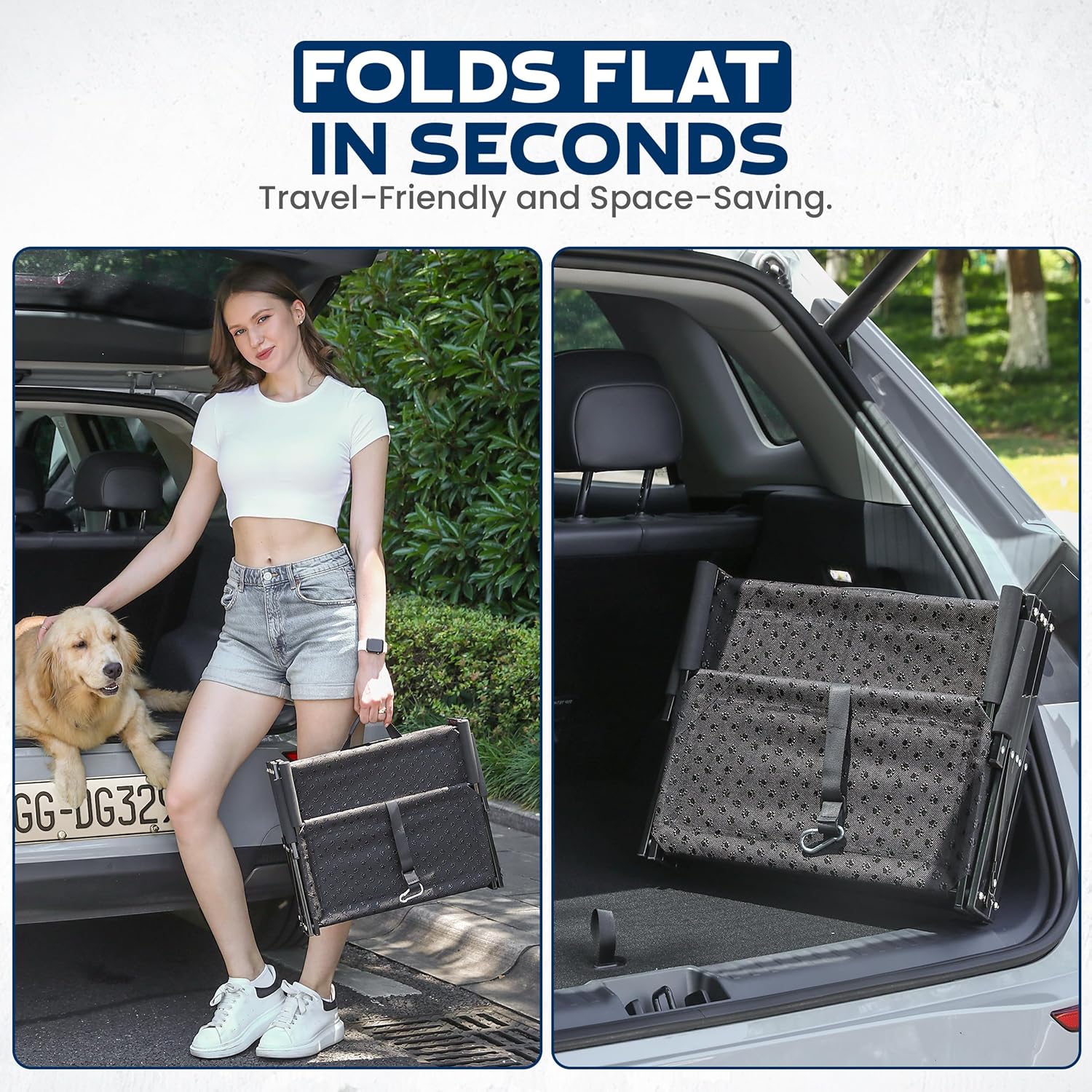VERALUX 5 Step Foldable Dog Stairs for Large Dogs | Folding & Collapsible Dog Stairs for Car & SUV | Steps for Dogs to Get in Car | XL Lift Harness