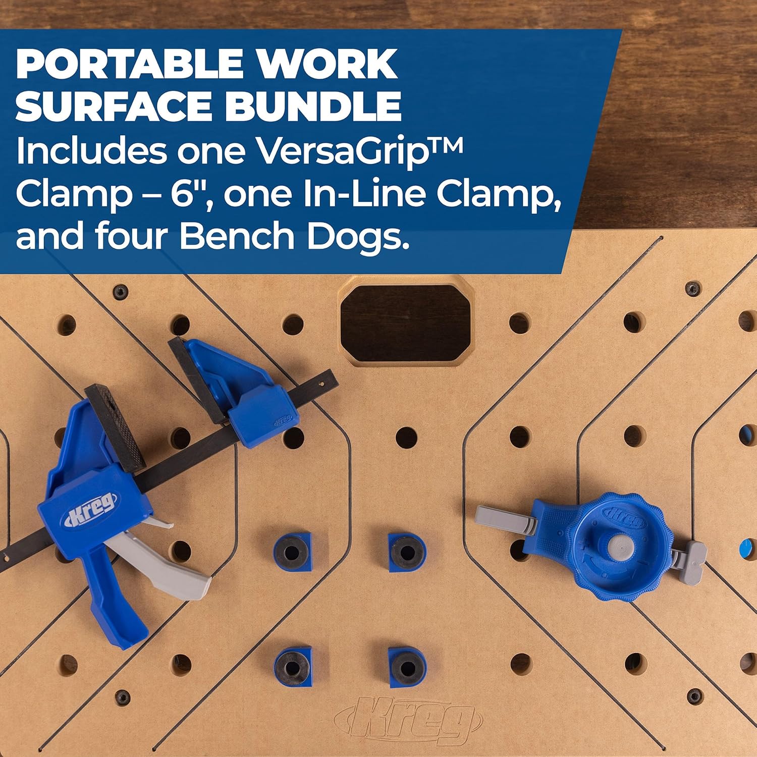 Kreg Portable Work Surface Bundle - Compact Portable Workbench - Ultra Flat Fiberboard Top - Dog Hole Clamping System - Mobile Workstation with